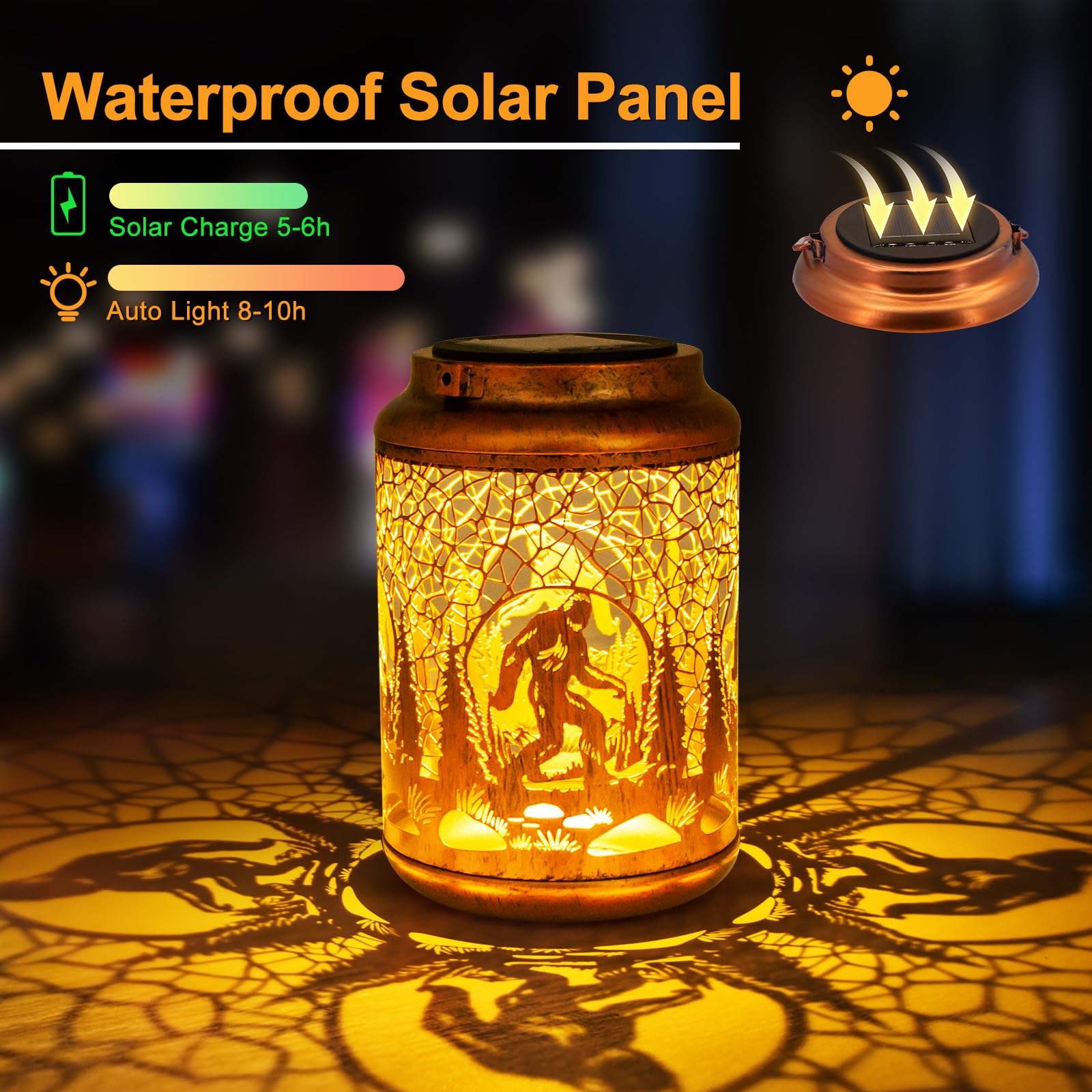 YISITEONE 4 Pack Bigfoot Solar Lanterns, Waterproof Metal Hanging Lights for Patio, Brown, Model ES04250200009