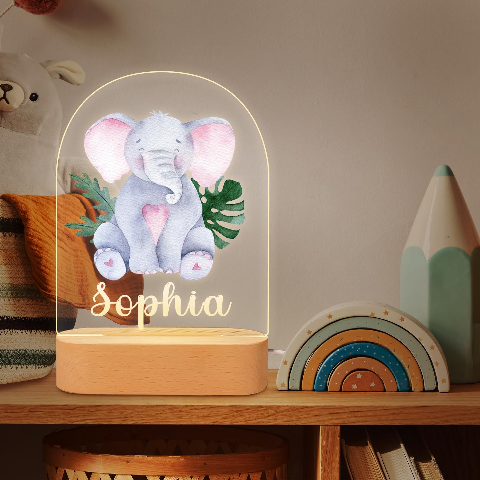 quejue Personalized Kids Night Light Custom Name LED Lamp, Acrylic & Wood Base, White, Modern Style, Nursery Decor