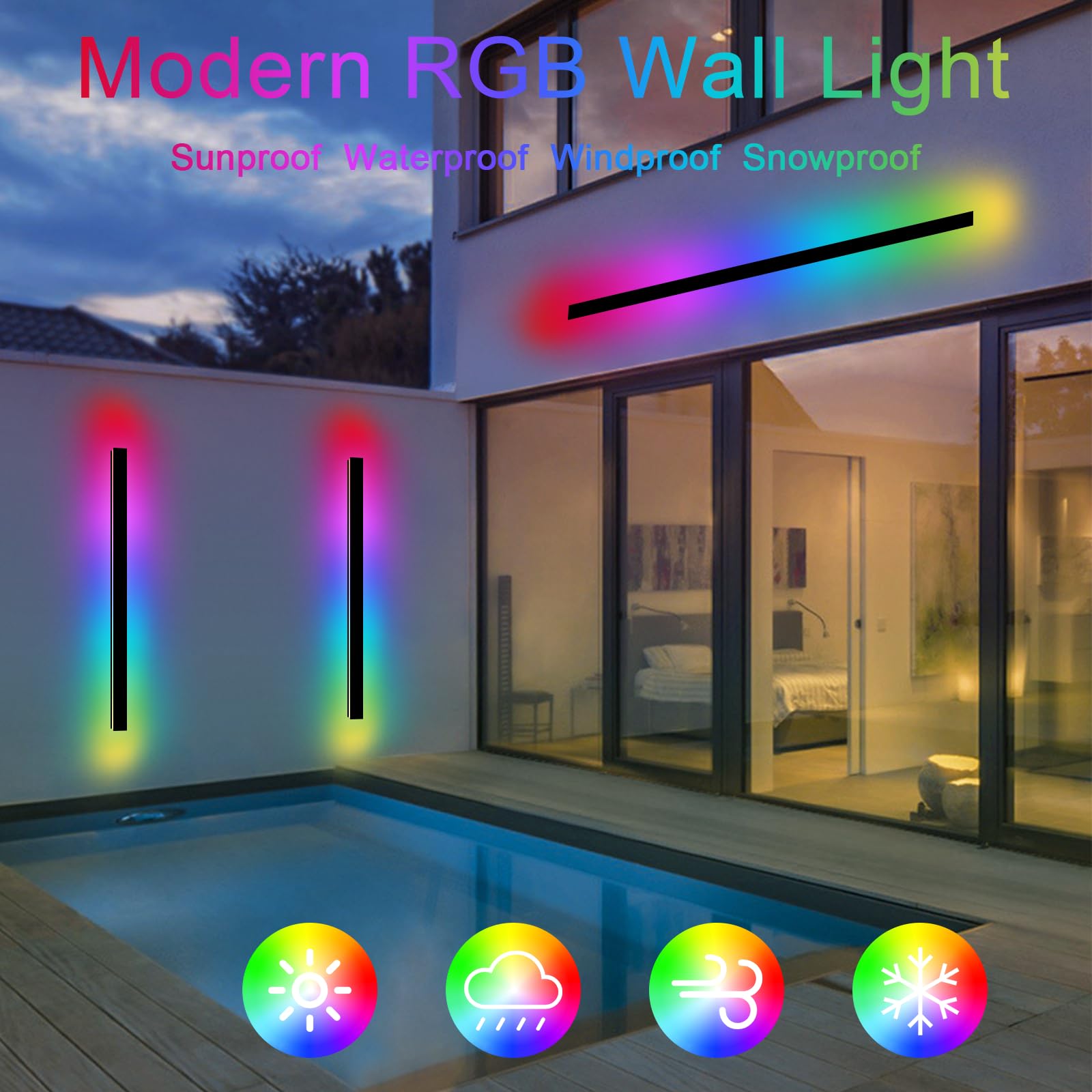 Nkjortppl 2 Pack 92.5 Modern Outdoor Led Wall Lights For House, Black Exterior Rgb Wall Sconce, Linear Long Strip Waterproof Out