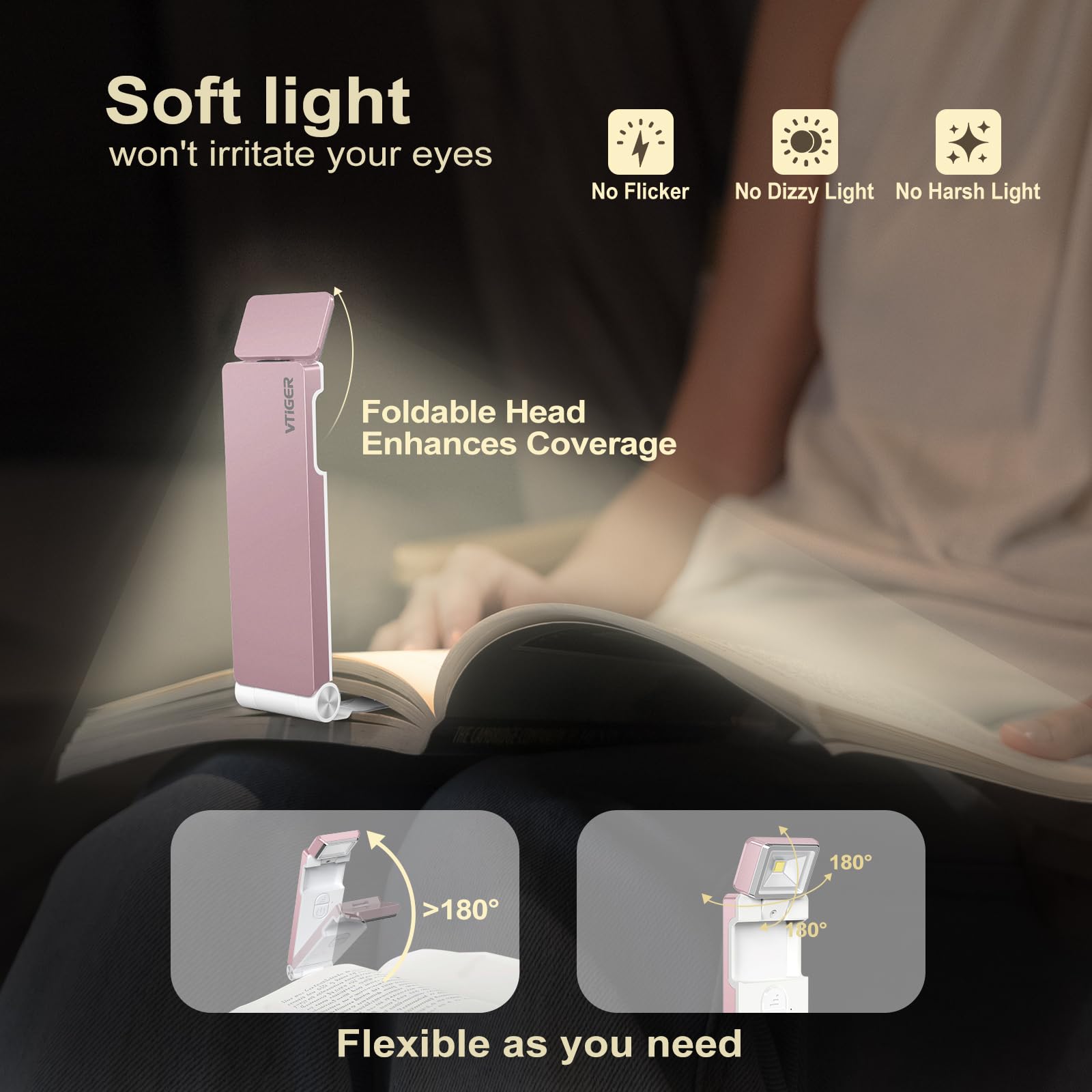 VTIGER USB Rechargeable Book Light, Foldable Clip-on LED, 3 Amber Colors, 4 Brightness Levels, Rose Gold, Model B1