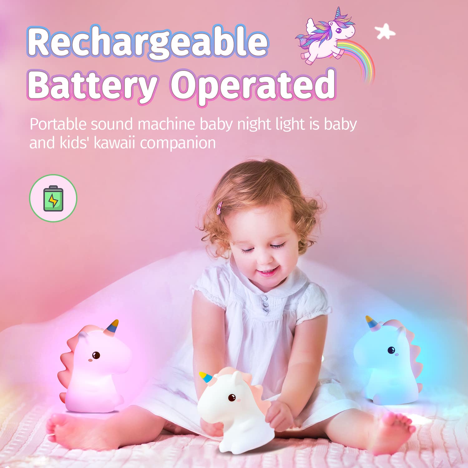 One Fire Unicorn Night Light - 16 Colors Silicone Lamp With Sound Machine, Rechargeable, Timer, Cute Design For Kids Bedroom