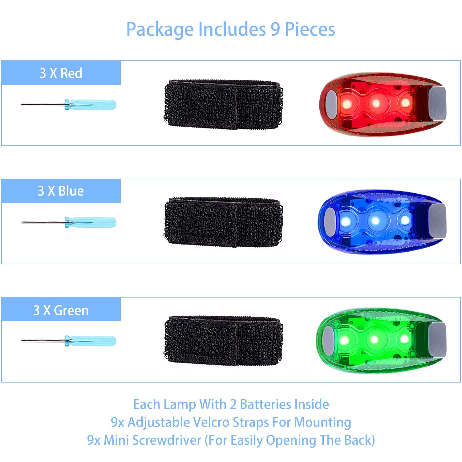 Awpeye 9 Pack LED Safety Lights, High Visibility Strobe for Running, Clip-On, Multicolor, Model 9GEHSJSD
