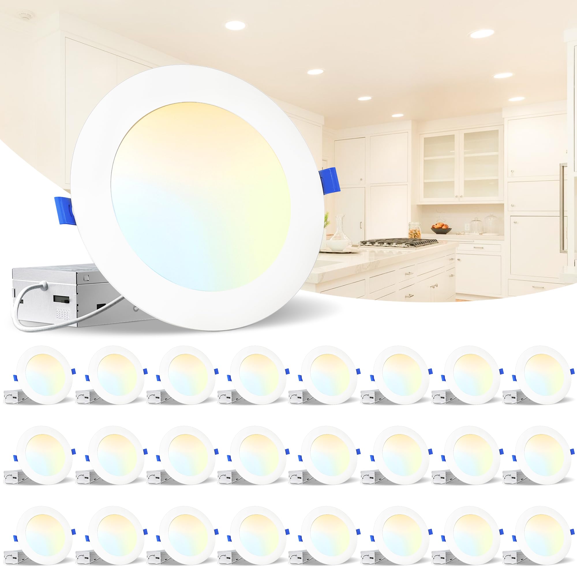 Lediary 24 Pack 5Cct Led Recessed Lighting 6 Inch With Junction Box, 2700K-6000K Selectable Led Can Lights, 9W Eqv 75W, 750Lm Br