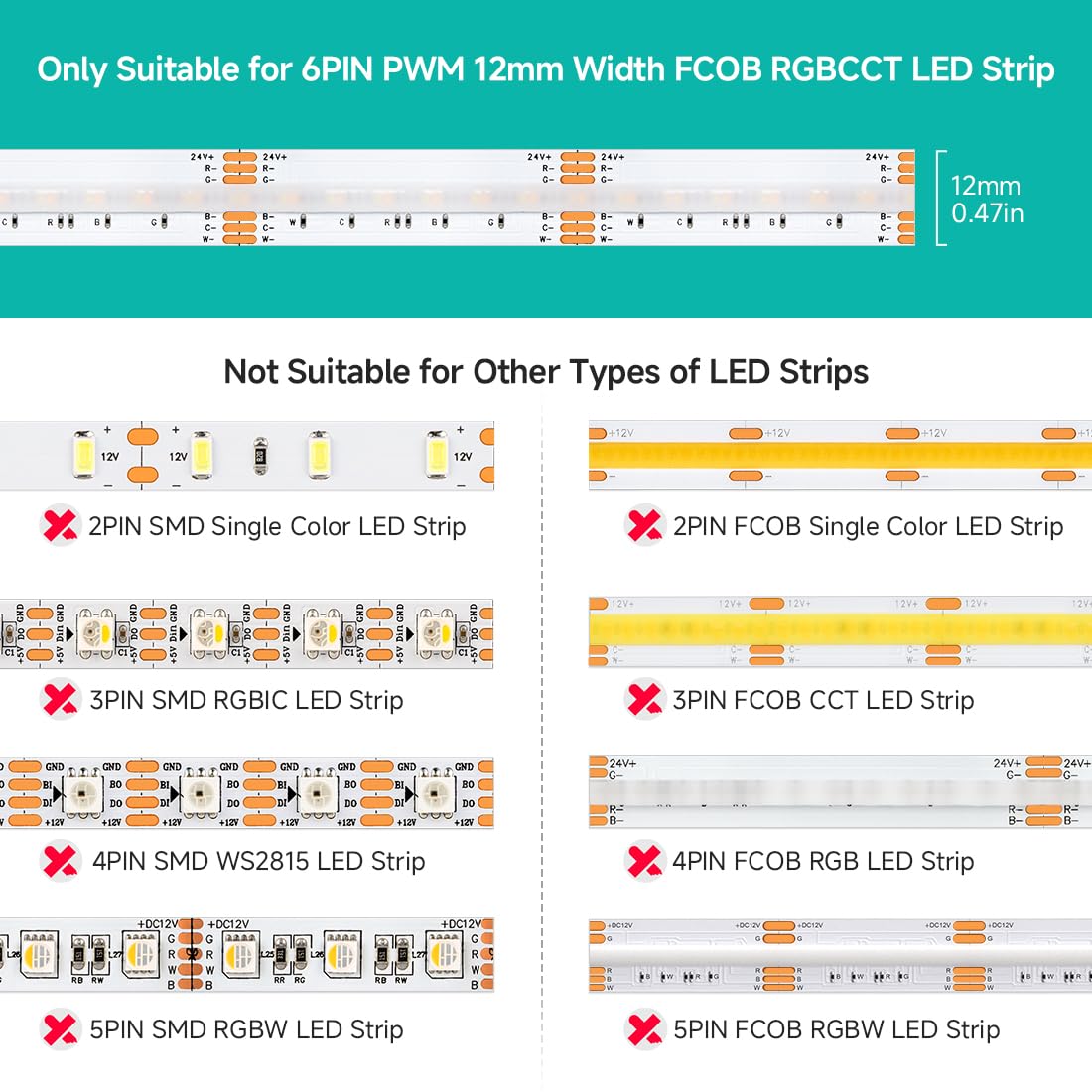 BTF-LIGHTING 6PIN Connector Kit for RGBCCT LED Strip Lights, 12mm, Multicolor, L-Shaped with 24AWG Wire