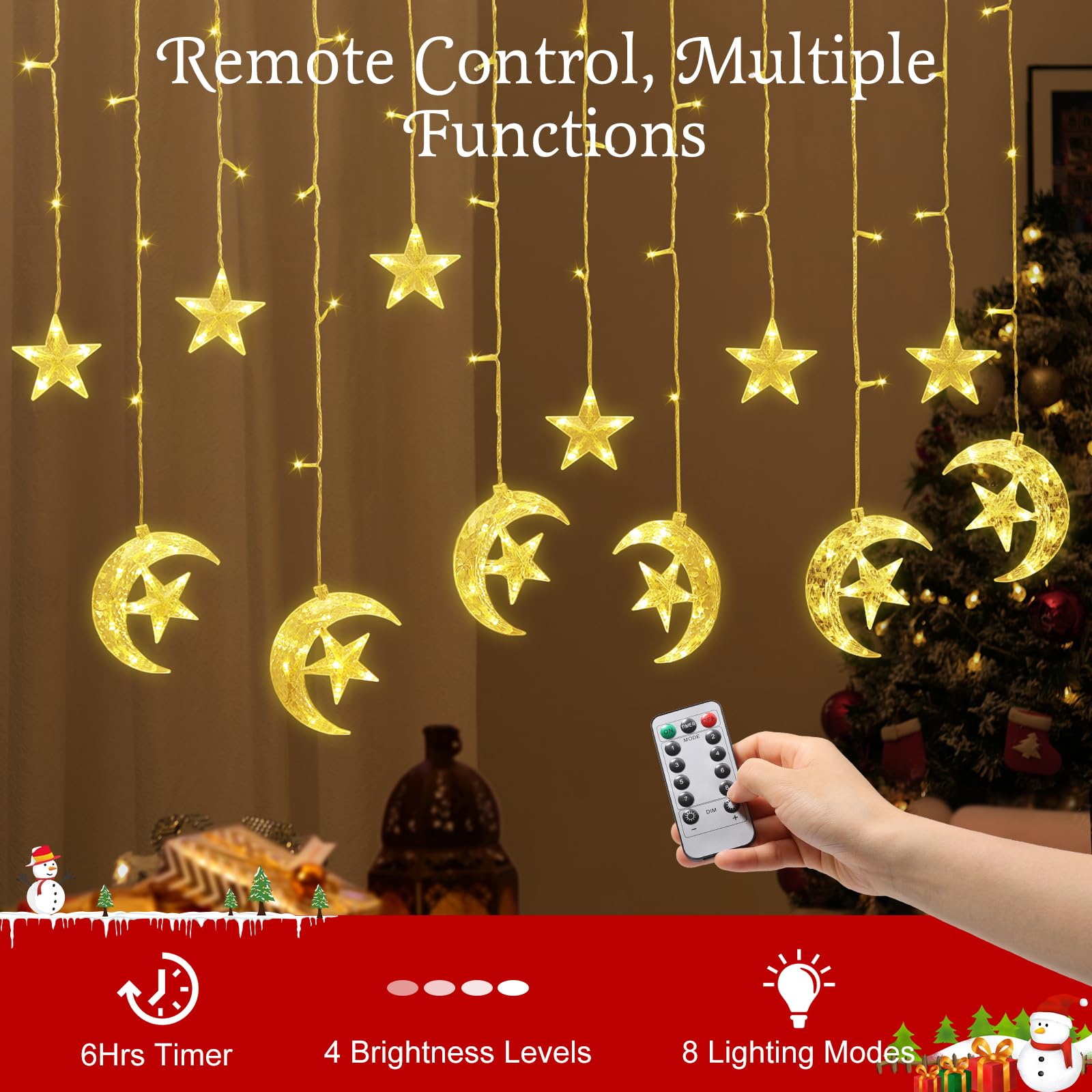 Lewondr 138 Led Star Moon String Curtain Lights,Hanging Fairy Lights With 6H Timer & 8 Modes,Usb & Remote Control Ramadan String Lights For Christmas Bedroom Wedding Party Xmas Indoor Decor,Warm Light