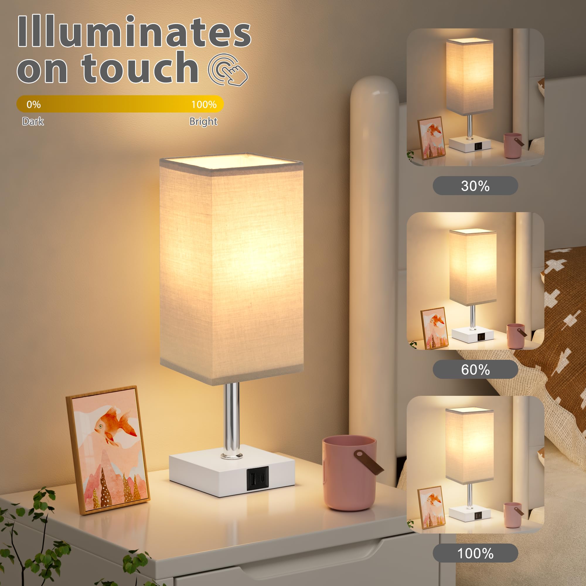 Ambimall Touch Control Table Lamp - USB A+C Charging Ports, LED Bulb Included, Grey Shade, Model RPT-1103
