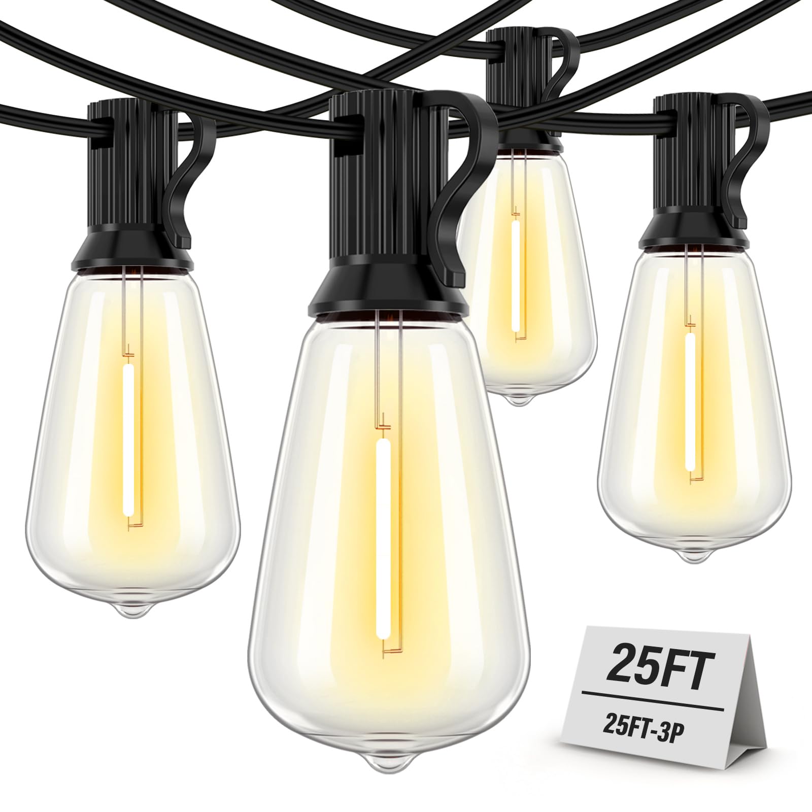 Doukedge Patio Lights Outdoor Waterproof, 75FT (25FT 3Pack) Outdoor String Lights with 39 ST38 Edison Bulbs(3 Sqare), Plug in Ha