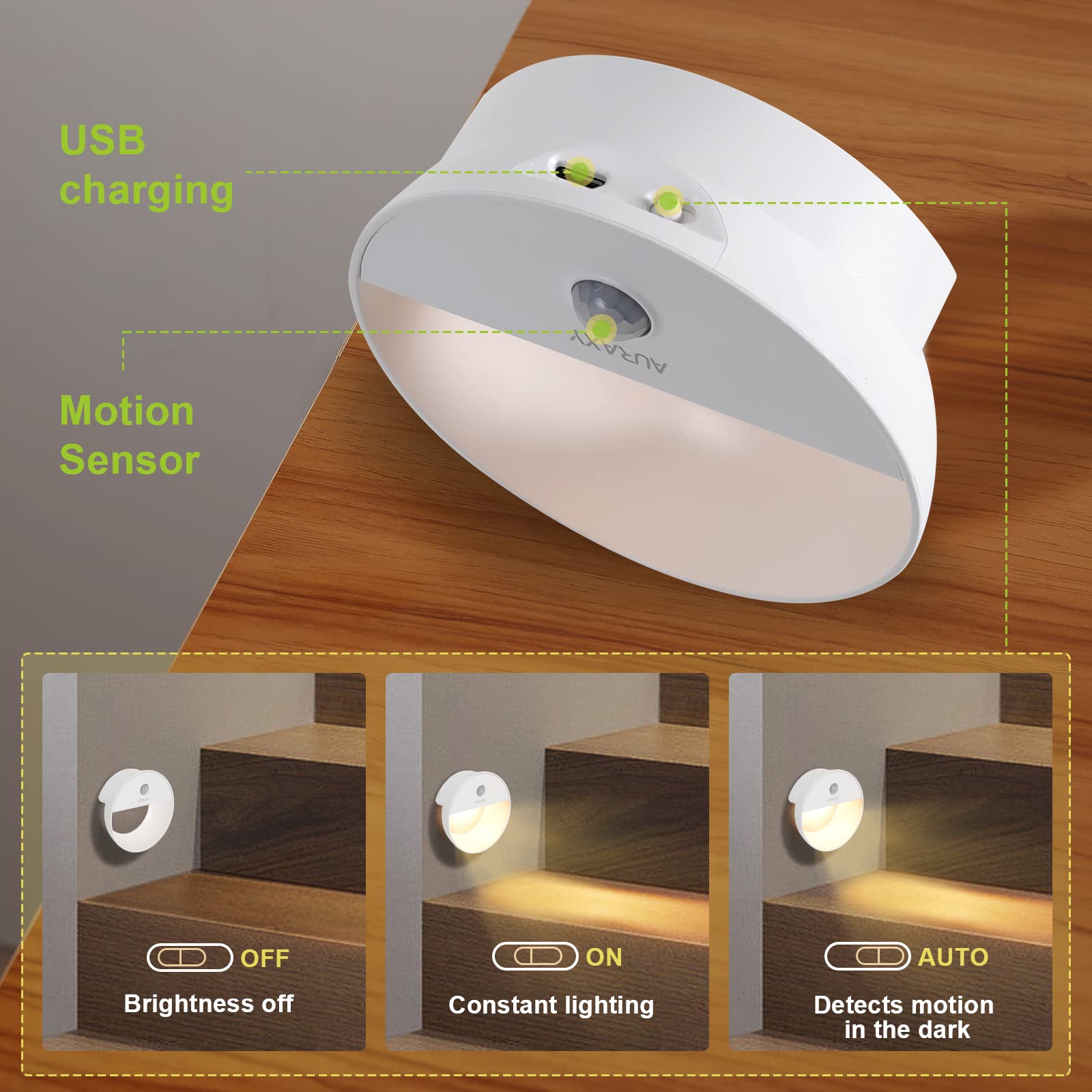 AURAXY Rechargeable Motion Sensor Night Light, LED Warm White, Magnetic, Dusk to Dawn, 6 Pack, Model 752574779065