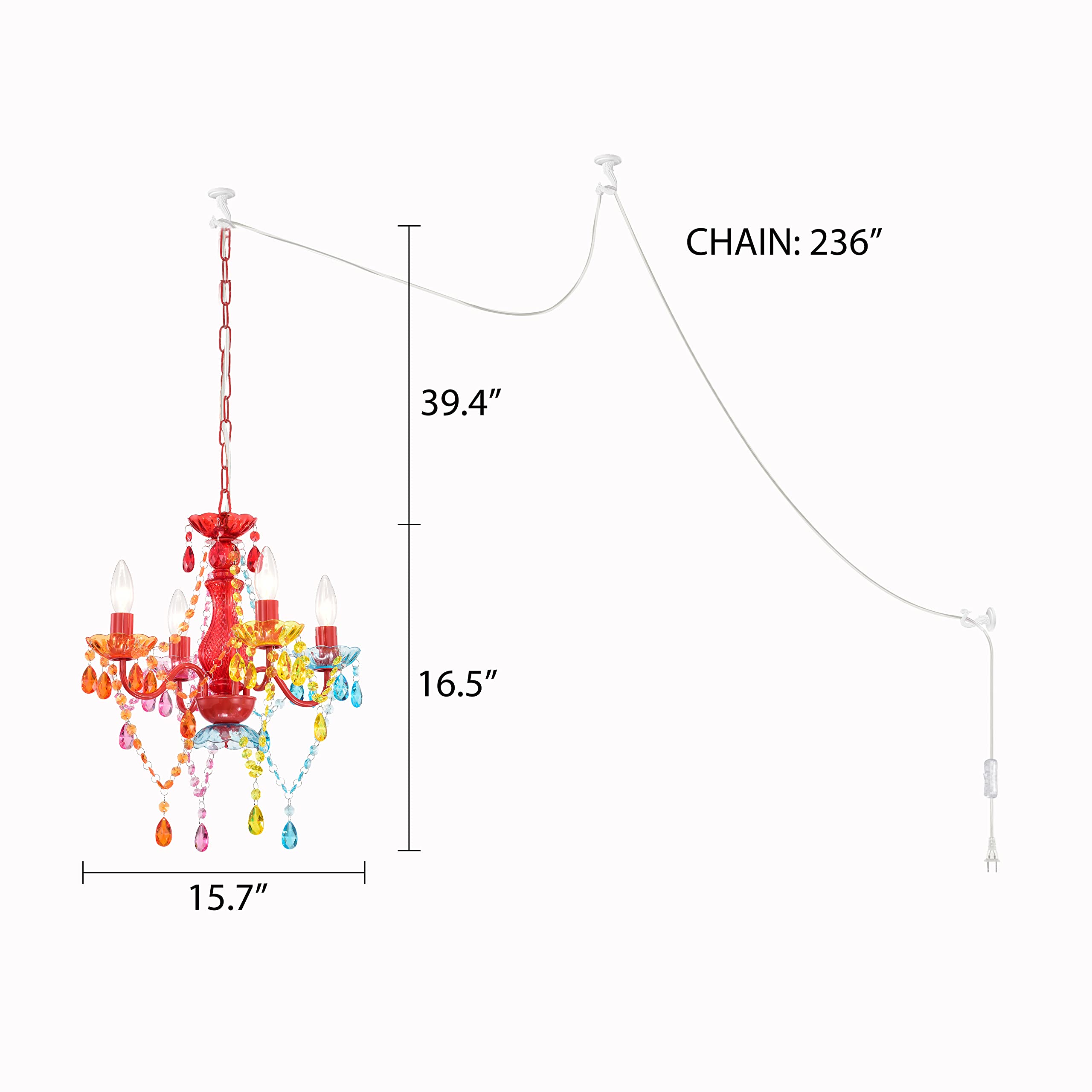 Alighting Plug in Chandelier Light Fixture, 4 Lights, Red, Model 19005M-4P, Acrylic Small Crystal for Bedrooms