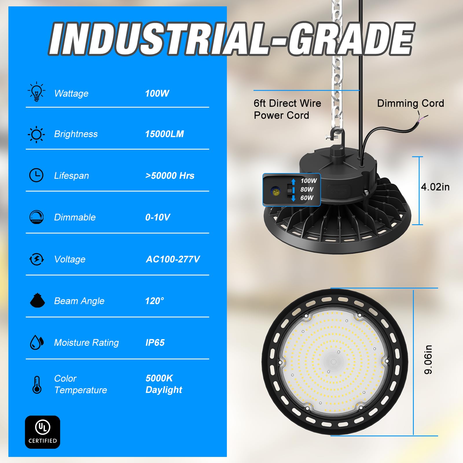 G Gjia Led High Bay Light 100W 14000Lm (Eqv. To 400W Hps/Mh) 5000K 1-10V Dimmable, 5' Cable With 110V Plug Ring Hook Safe Rope E