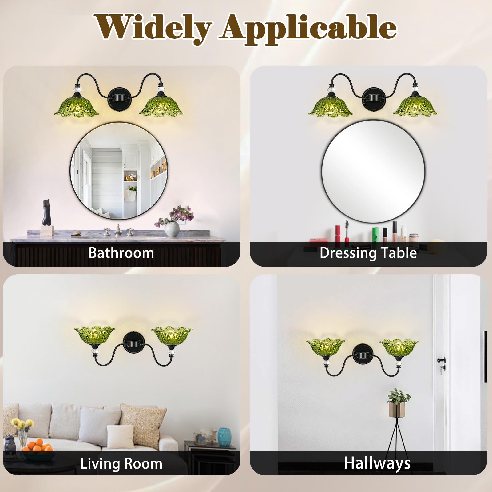 Sunkryster Black Bathroom Vanity Light  2-Light Vanity Light With Floral Green Glass Shades Vintage Farmhouse Wall Mount Lighting For Bathroom  Dressing Table