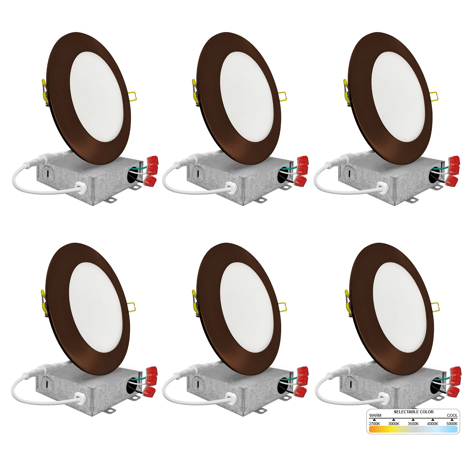 Nuwatt 6 Pack 4 Inch Ultra-Thin Bronze Led Recessed Lighting, 5Cct 2700K/3000K/3500K/4000K/5000K Selectable, 630 Lumens, Ic Rate