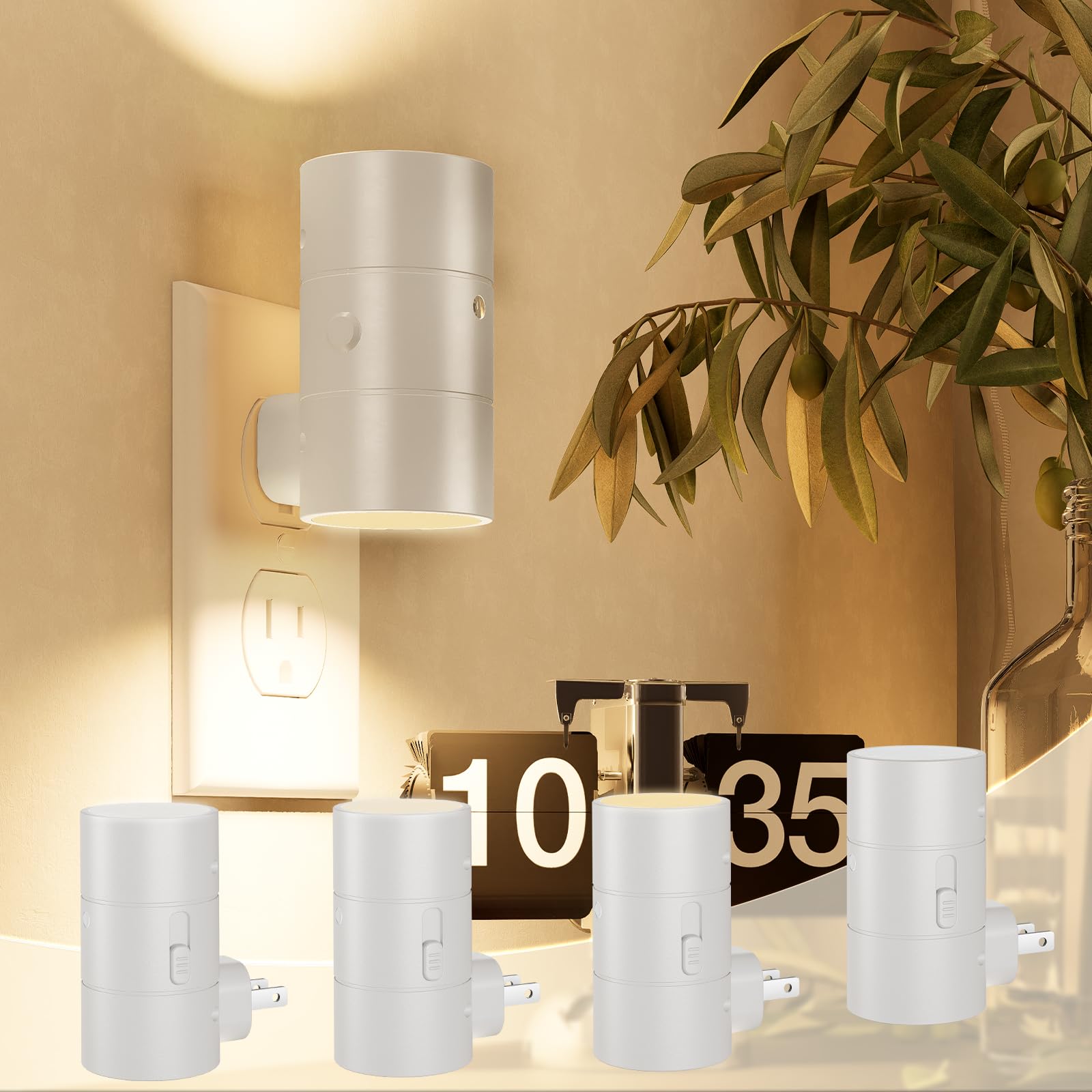 NIORSUN Night Light Plug-In, 3 Light Modes, Dusk to Dawn Sensor, 0-100LM Dimmable, White, 4 Pack, Model LH-XYD001