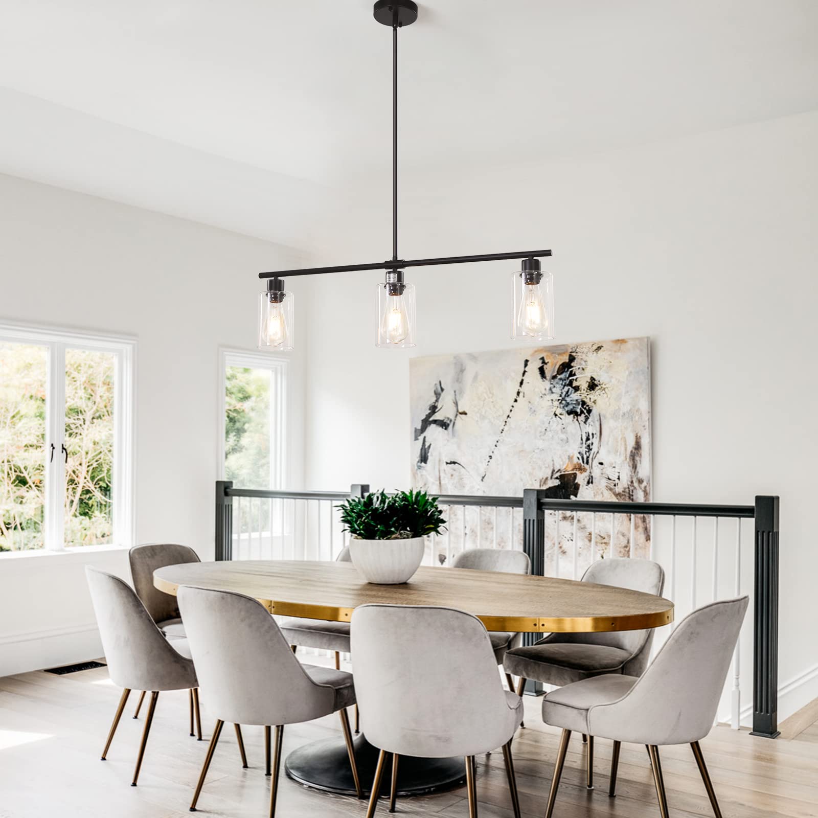 Ljhhowe Modern Kitchen Lights 3 Lights Black Linear Chandelie Pendant Light Kitchen Island With Glass Shades Hanging Light Fixtu