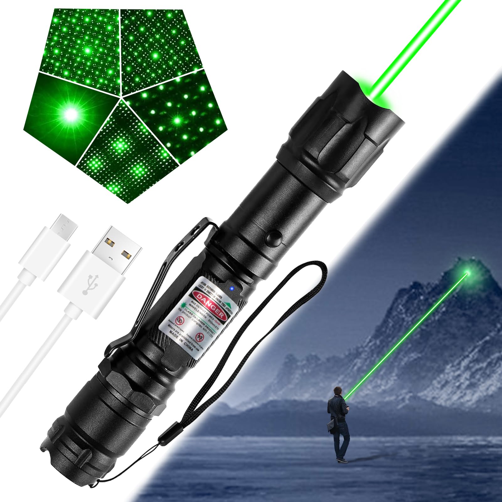 LETEAPII Green Light Flashlight - Long Range Tactical, Rechargeable, Adjustable Focus, Model GLS004, Black, 2 Packs