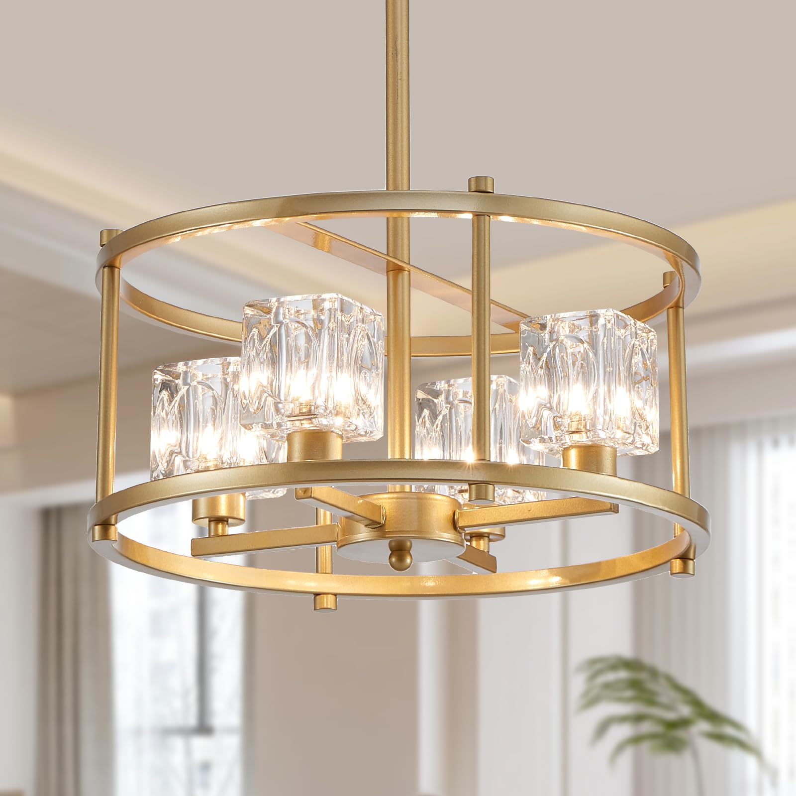 Majhoiw Modern Gold Chandeliers For Dining Room Over Table, Farmhouse Pendant Lighting Fixtures Drum Chandelier 4-Light Round Ce
