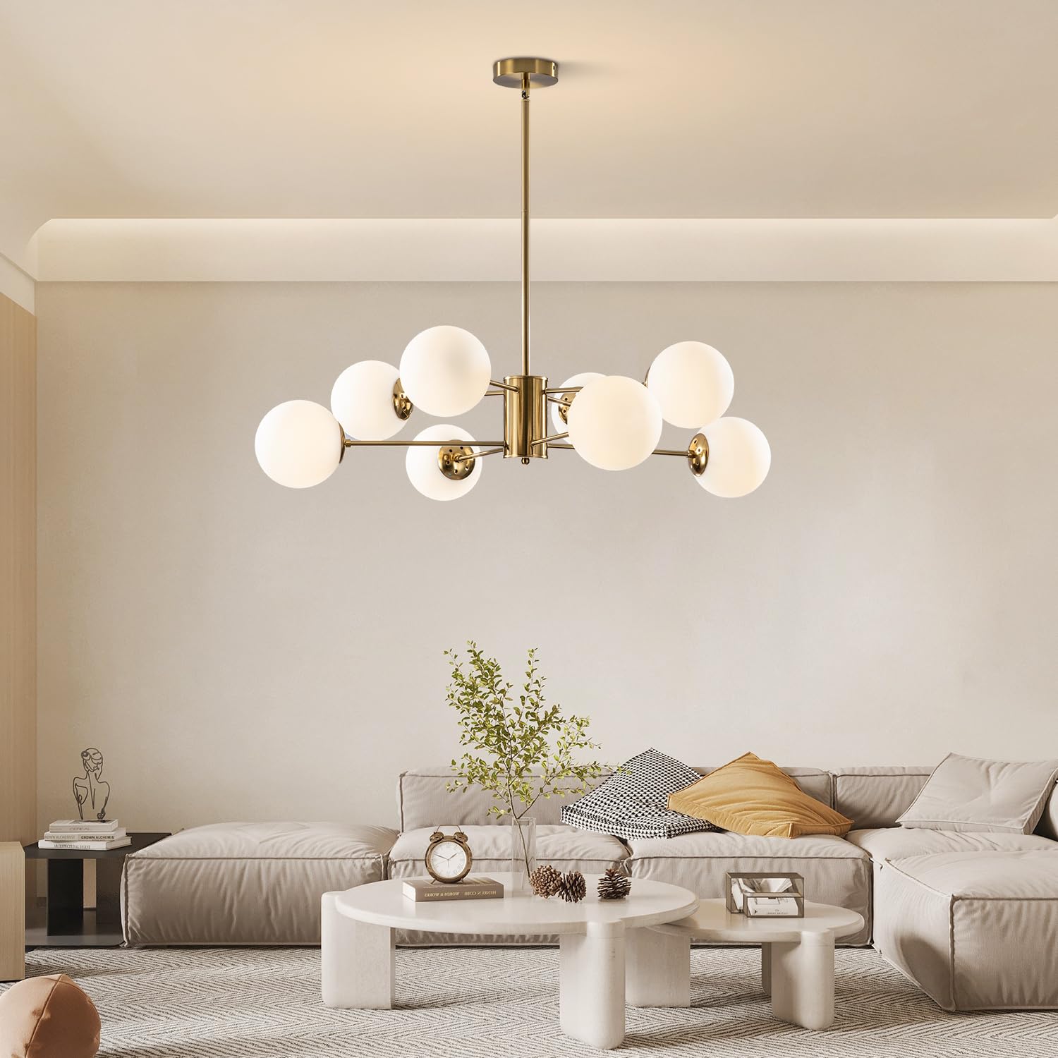 KCO 8-Light Glass Sputnik Chandelier Modern Gold Pendant Light Fixture - L1085-8-Head, Metal, White and Gold