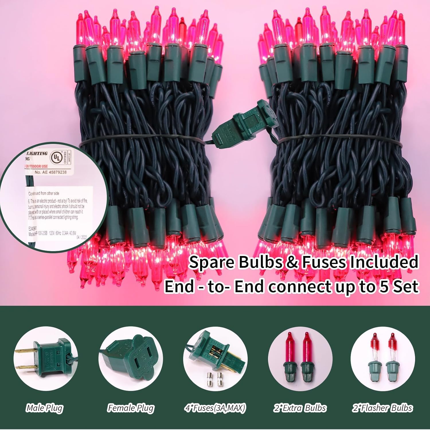 LAMPHOME Pink Christmas String Lights - 100 Mini Incandescent Fairy Lights, 20 Ft Green Wire, Indoor & Outdoor Holiday Decor