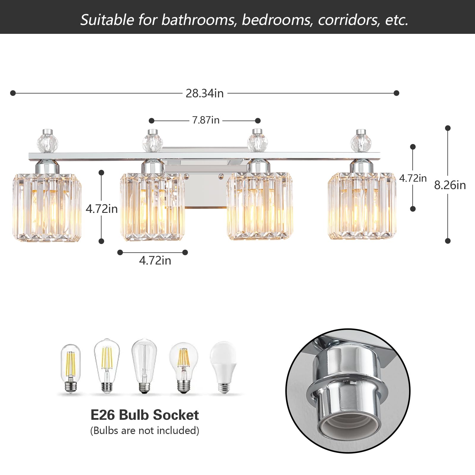 FDPBY 4-Light Crystal Vanity Light Fixtures, Chrome Square, Model 290, Metal Bathroom Lighting Over Mirror