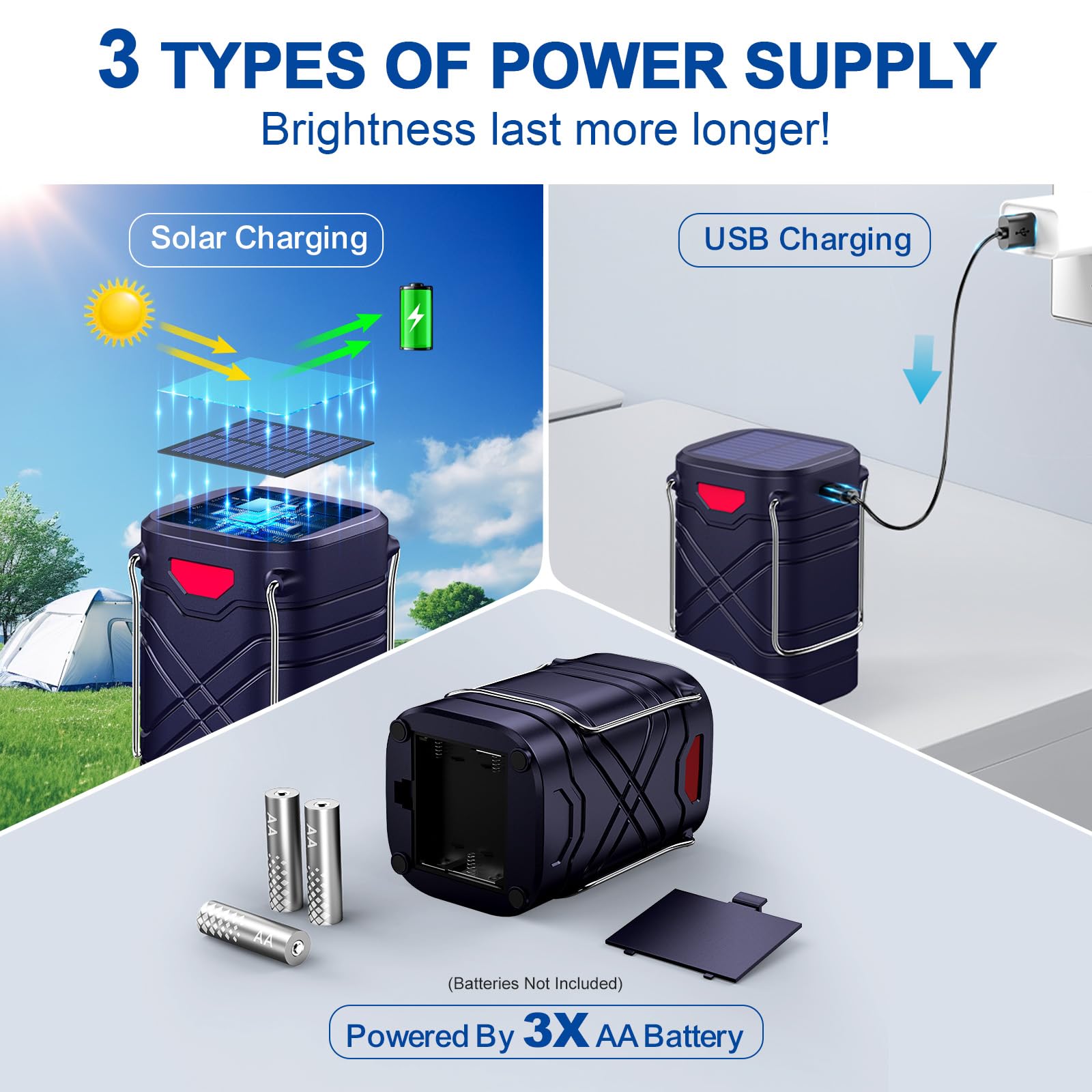 LETMY 4 Pack Rechargeable LED Camping Lanterns, Solar Powered, Hurricane Supplies, Navy Blue, ABS Material