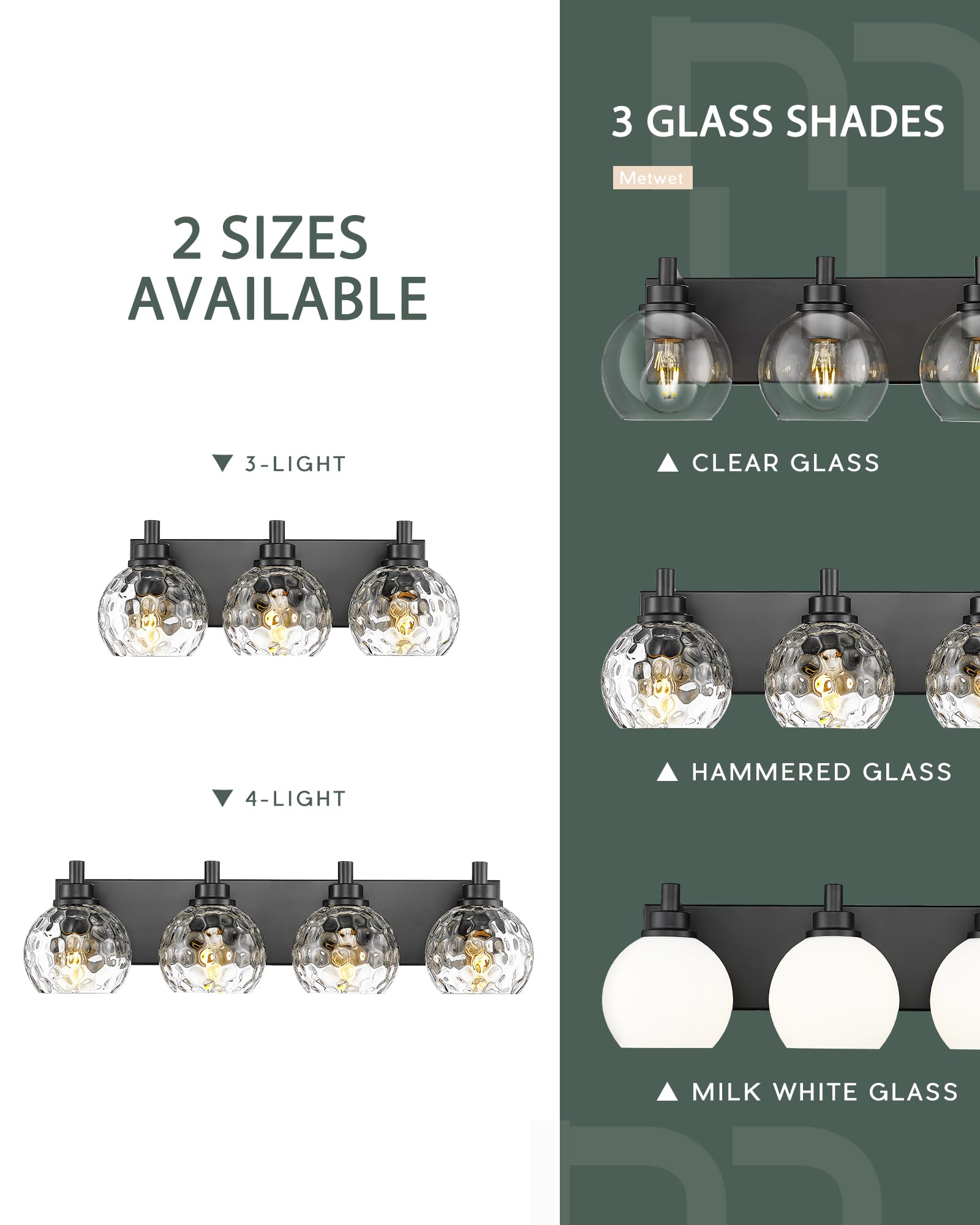 METWET 3-Light Matte Black Bathroom Light Fixtures with Clear Hammered Glass Globe Shade, Model VL200-MB-3