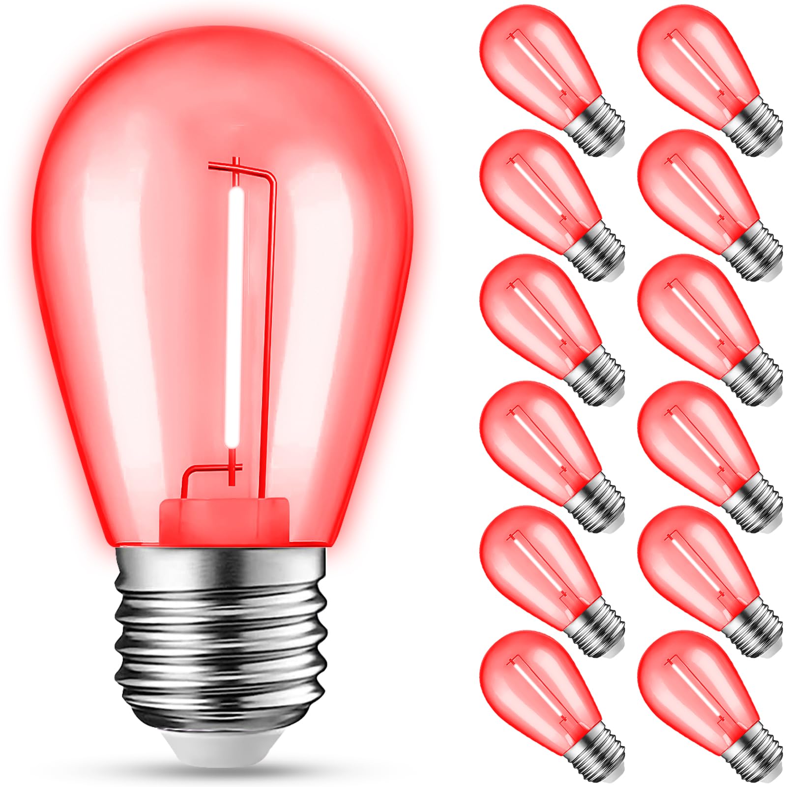 Jaheks 12-Pack Red String Light Bulbs  Patio String Light Replacement Bulbs For Outdoor Indoor  1W E26 Base S14 Led Colored Light Bulbs For Christmas Halloween Holiday Home Decor