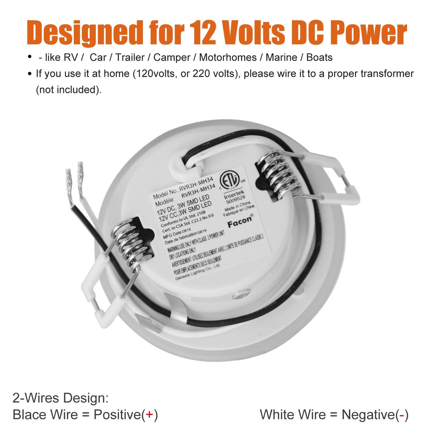Facon 3 Inch LED RV Puck Light, Aluminum Recessed Ceiling Light, 3400K Warm White, 12V, Pack of 6