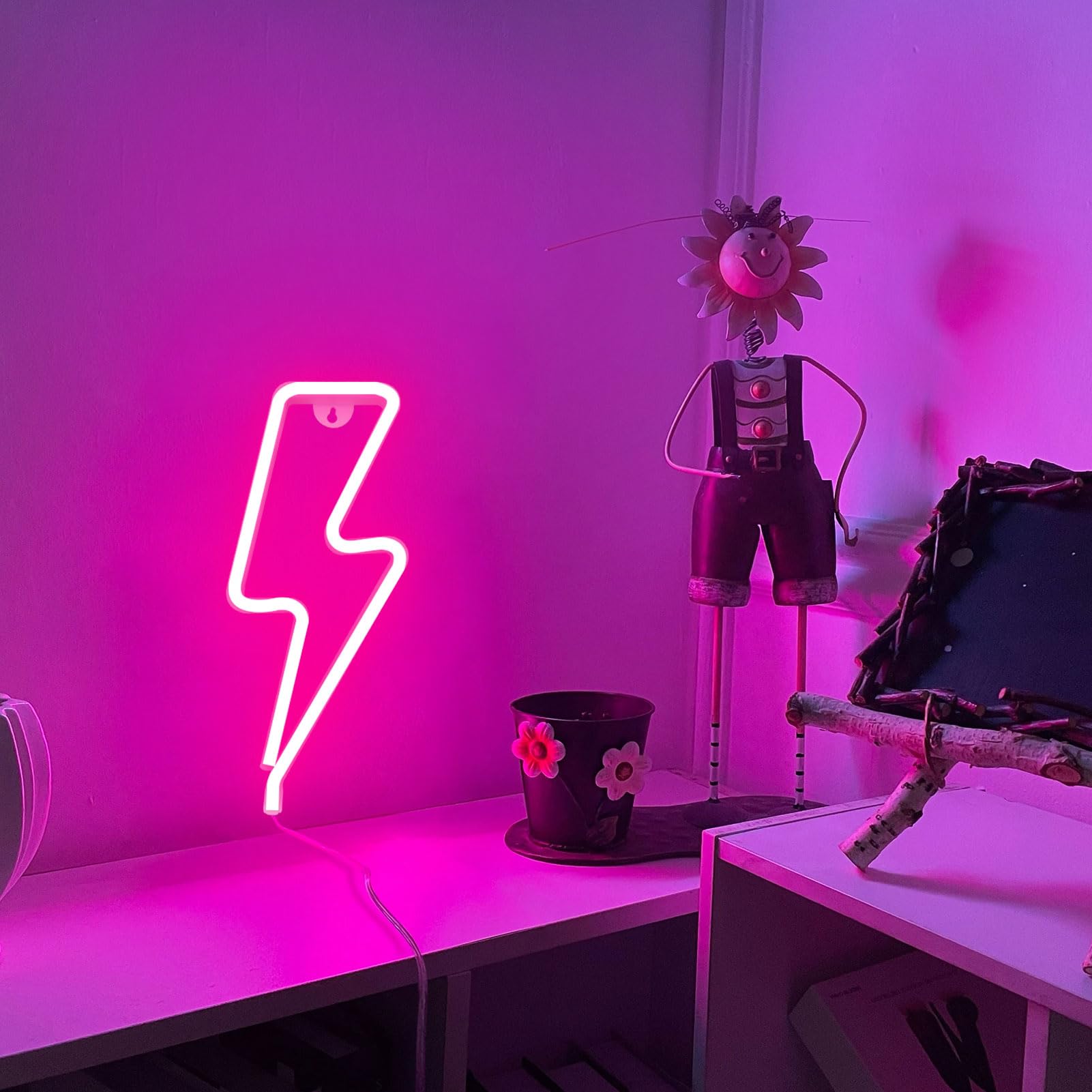 BerniceKelly Neon Lightning Bolt Sign, Pink, USB/Battery Powered, Wall Decor, Model 666LXX-NHD2202171