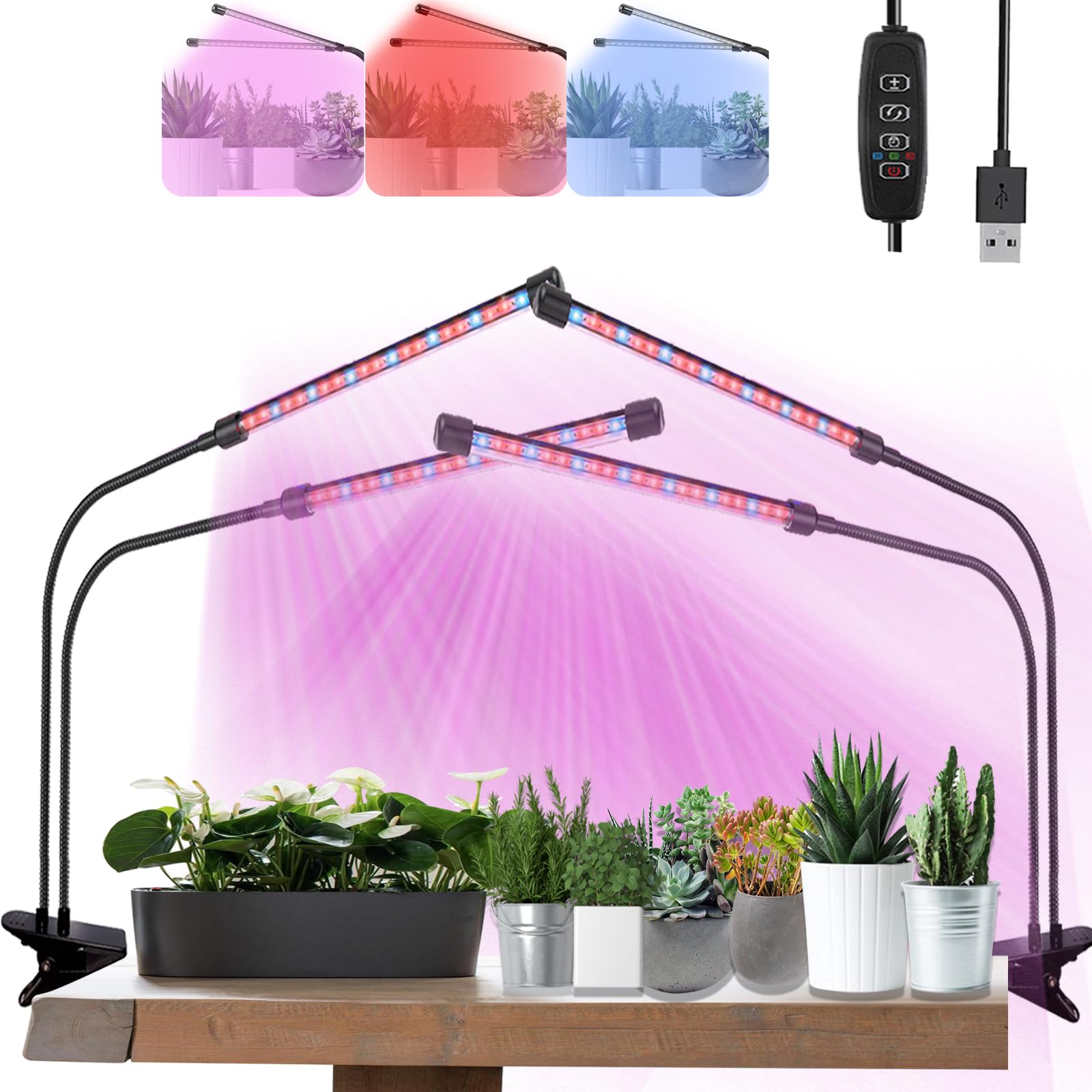 Otryad Grow Lights For Indoor Plants, Full Spectrum Plant Growing Lights With Auto On Off 3/9/12H Timer, 9 Level Dimmable, 3 Light Modes Clip On Grow Lamp For Indoor Seed Starting/Succulent, 2 Packs