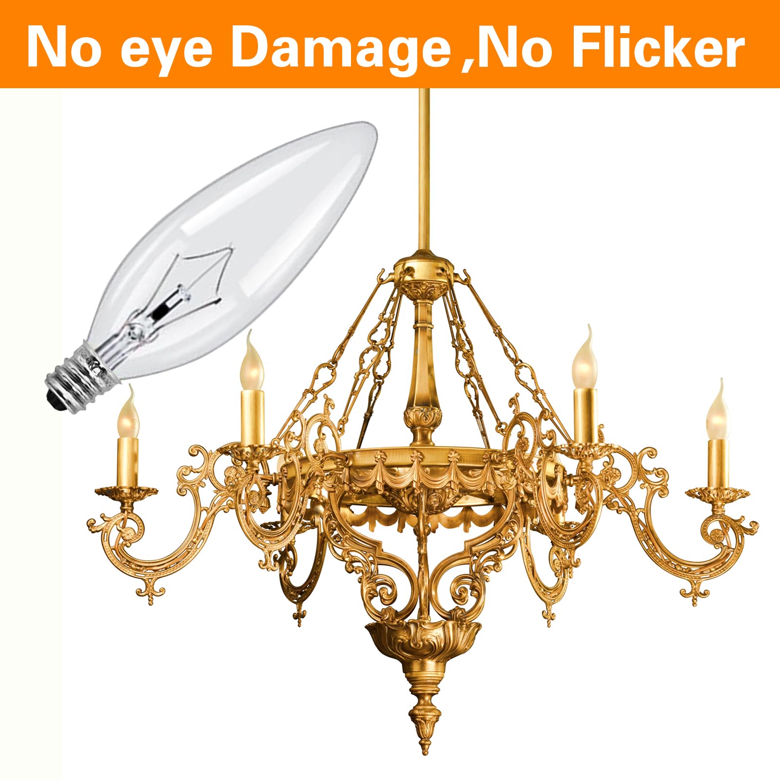 E12 Candle Light Bulbs,60W Candelabra, B10 Clearbase Bulb With Warm White 2700K, 600 Lumen Dimmable, Ca10 Clear Candelabra Base