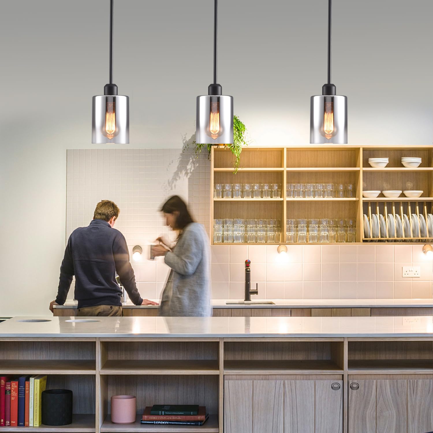 Ihengyanlt 2 Pack Pendant Light Kitchen Island Pendant Lighting  Hanging Light With Silver Gradient Glass Shade  Black Modern Indoor Hanging Lamp