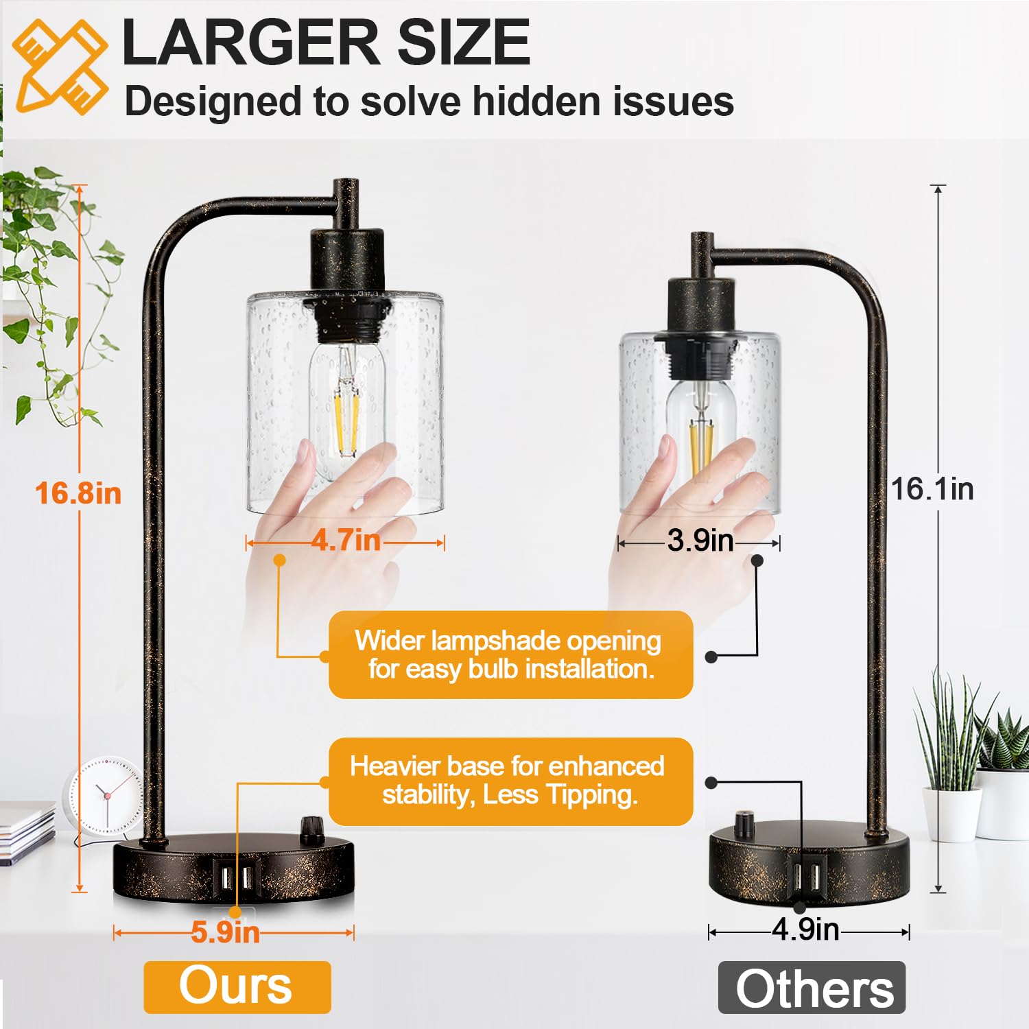 Lynnoland Set of 2 Industrial Table Lamps, Rustic Black & Seeded Glass, Fully Dimmable, 2 USB Ports, Includes 2 LED Bulbs, Model L200026G