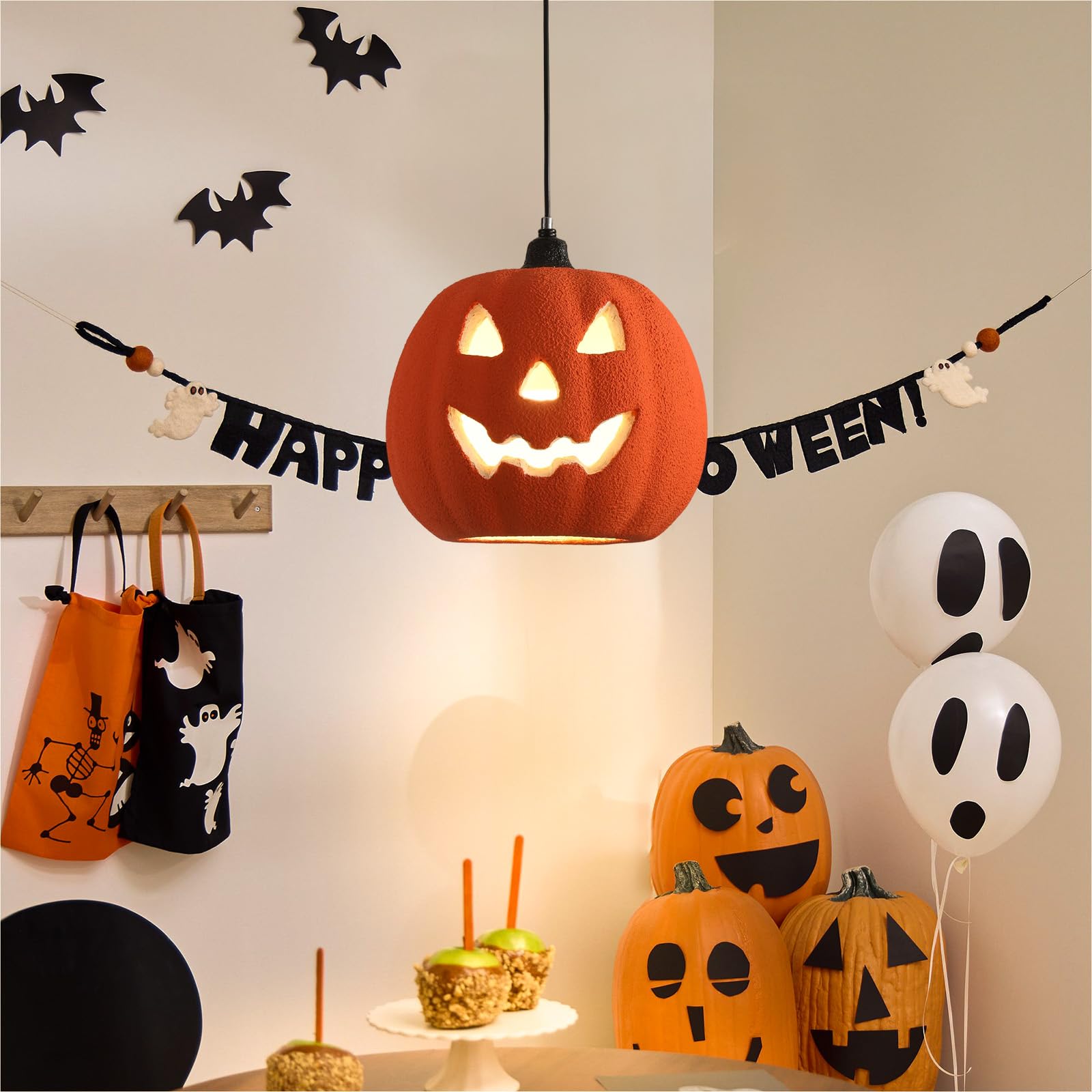 JAYMP Halloween Light Up Pumpkin Pendant Light, Jack O Lantern, Living Dining Room Hanging Lamp E26 Base Lighting Fixture (Orang