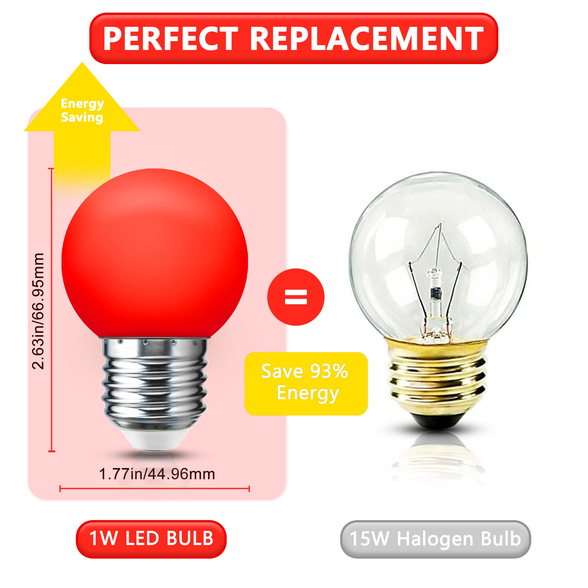 Led Red Light Bulb 15W Equivalent, G45 Led Christmas Globe Light Bulbs, 1W Led Colored Night Lights, Mini Edison E26 Base Bulb F