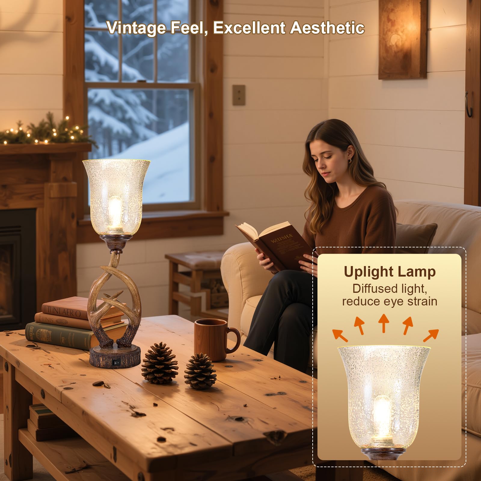 Scenekoy Antler Table Uplight Lamp, 20.5” Resin with Glass Shade, Brown-5, USB Ports, Rustic Nightstand Lighting (Bulb Included)