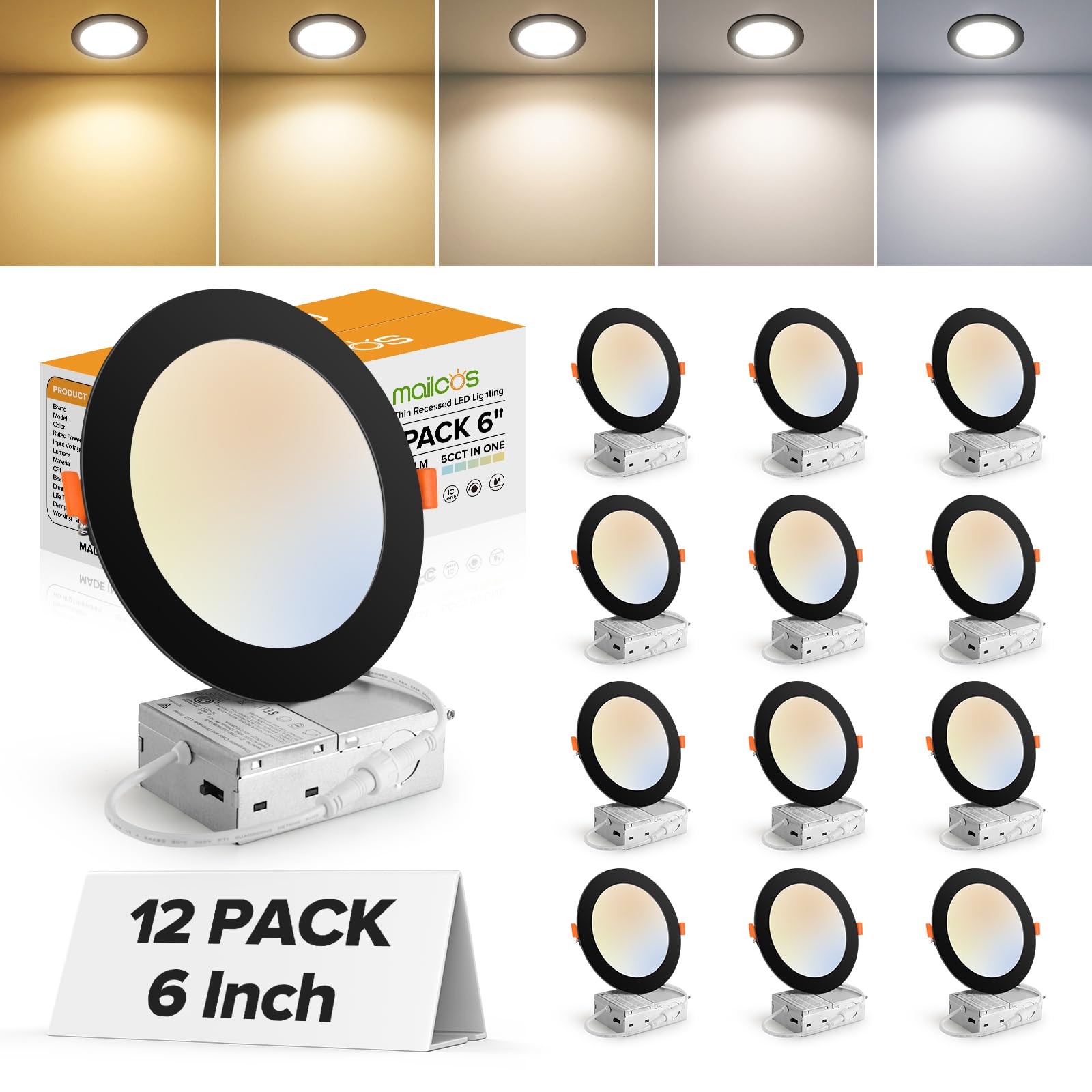 Mailcos 12 Pack 6 Inch 5CCT Black Ultra-Thin LED Recessed Lighting with Junction Box, 2700K-5000K Selectable, 1050LM High Bright