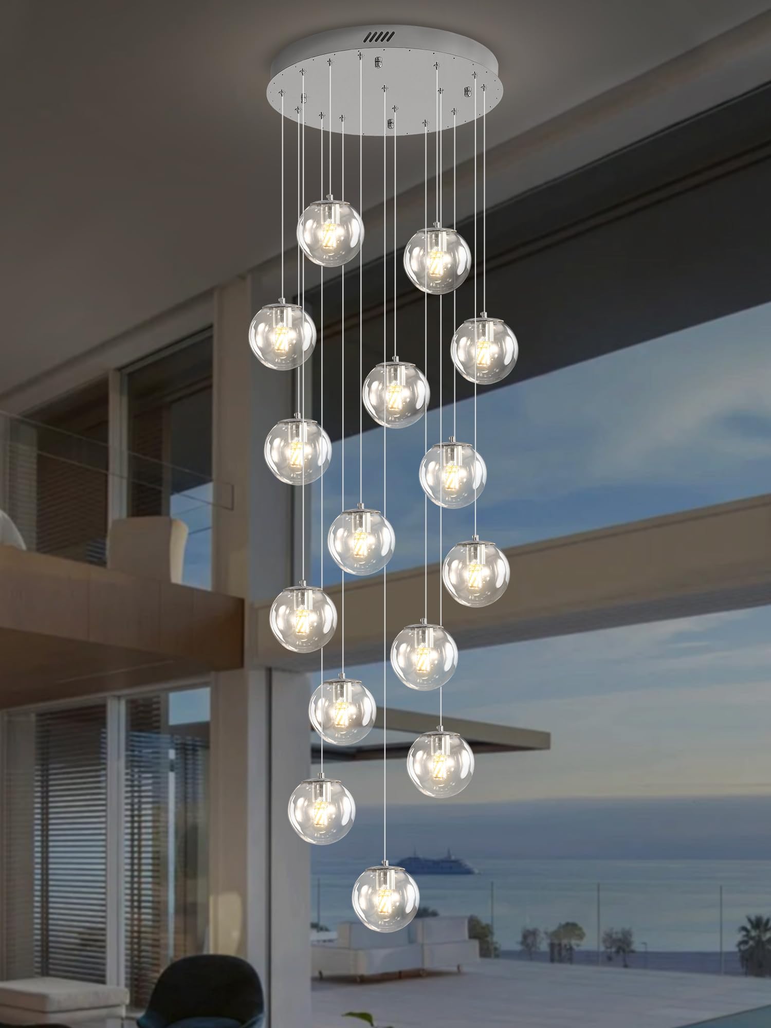 ykolupty H118 LED Staircase Chandelier - 15-Light Clear Glass Pendant Light for High Ceilings, Modern Silver Lighting Fixture