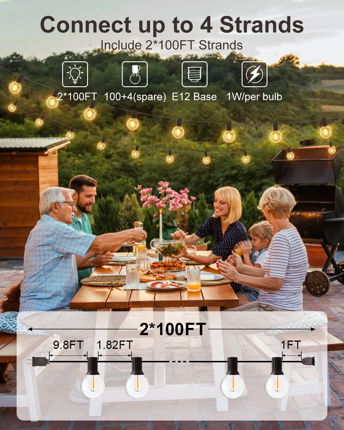 Gluroo 200Ft Outdoor String Lights, G40 Led, Waterproof Dimmable, Shatterproof, 100+4