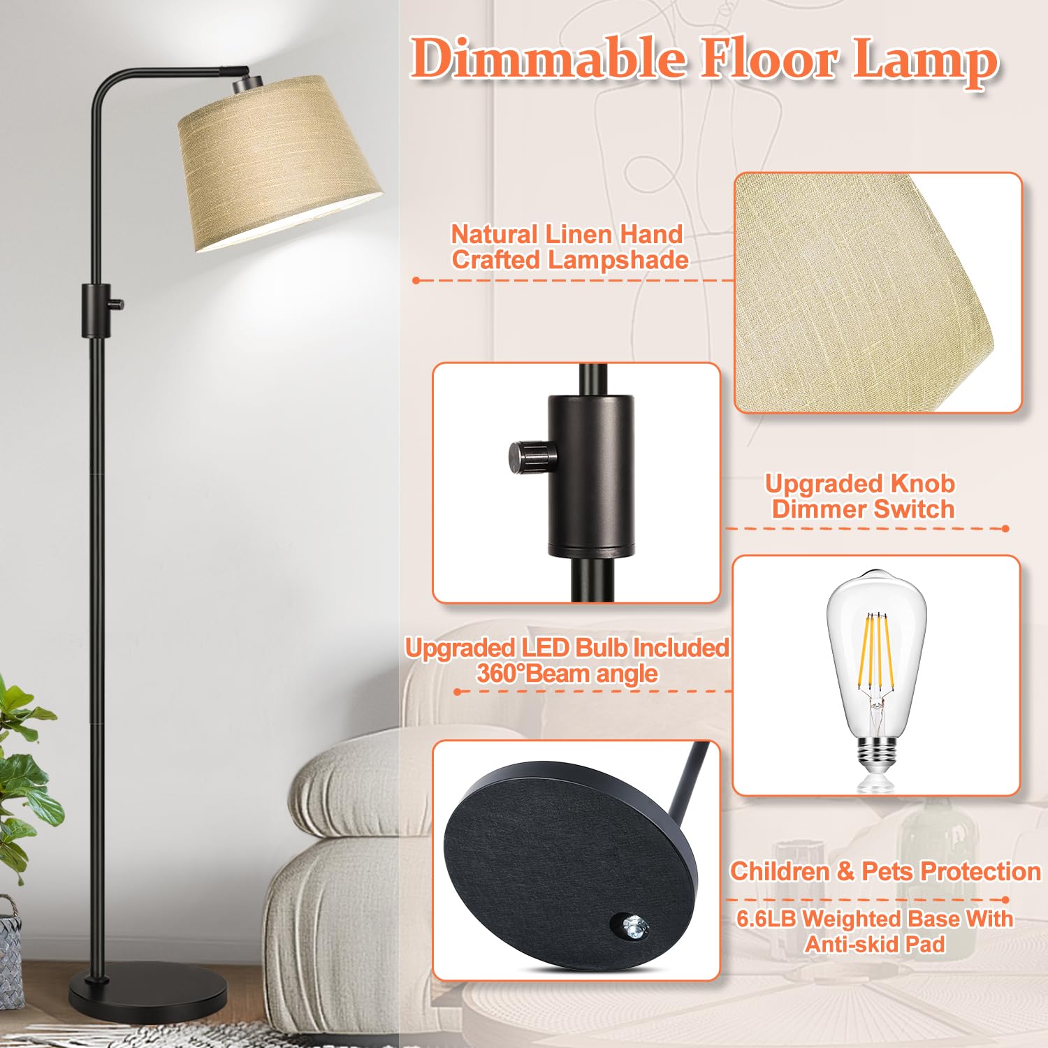 Nintiue Dimmable Floor Lamp, 1000 Lm Led Edison Bulb Included, Arc Floor Lamps For Living Room Modern Standing Lamp Tall Lamps For Living Room Bedroom-Champagne