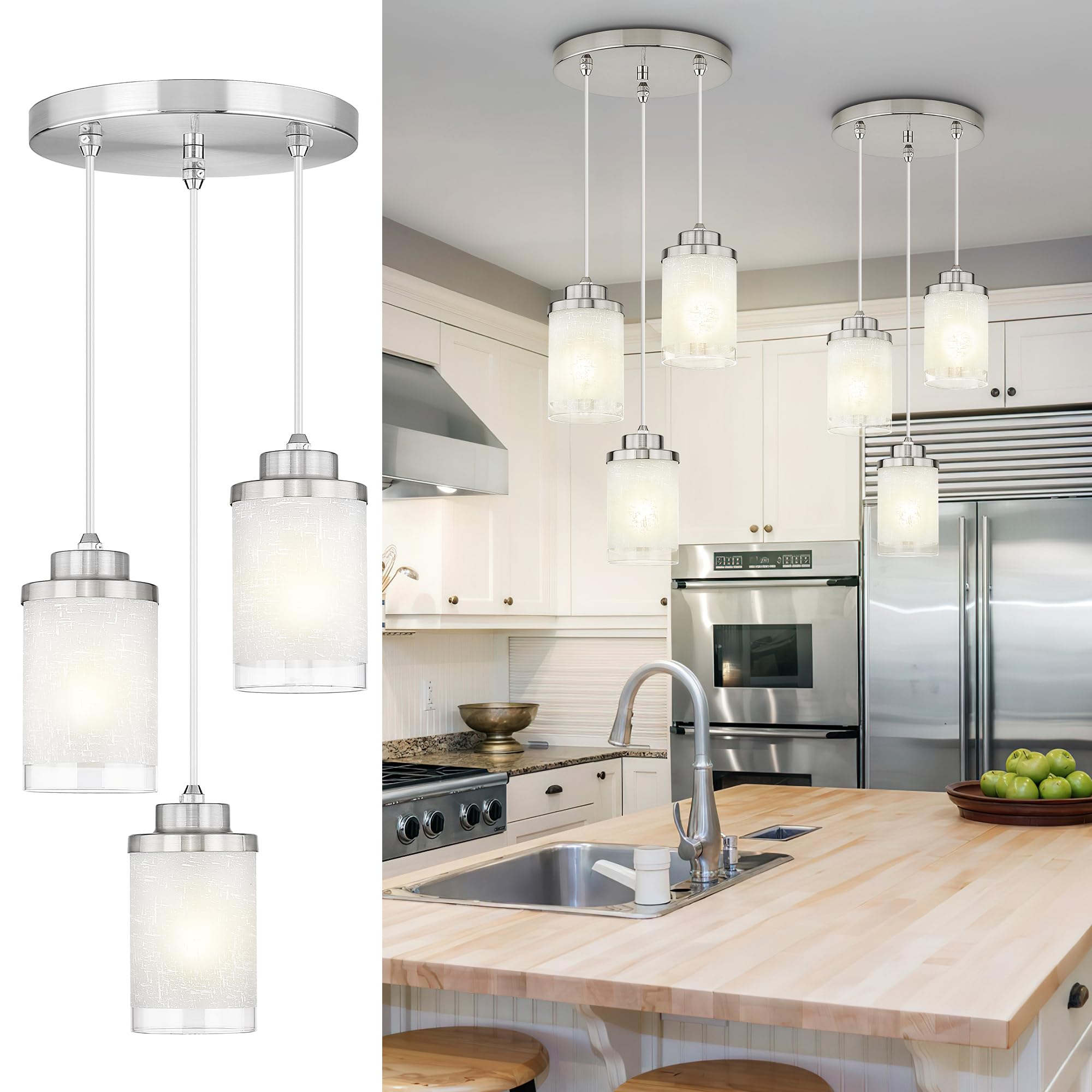 TENGXIN 3-Lights Modern Pendant Light with Glass Shade Brushed Nickel Pendant Lighting Adjustable Industrial Retro Style Hanging