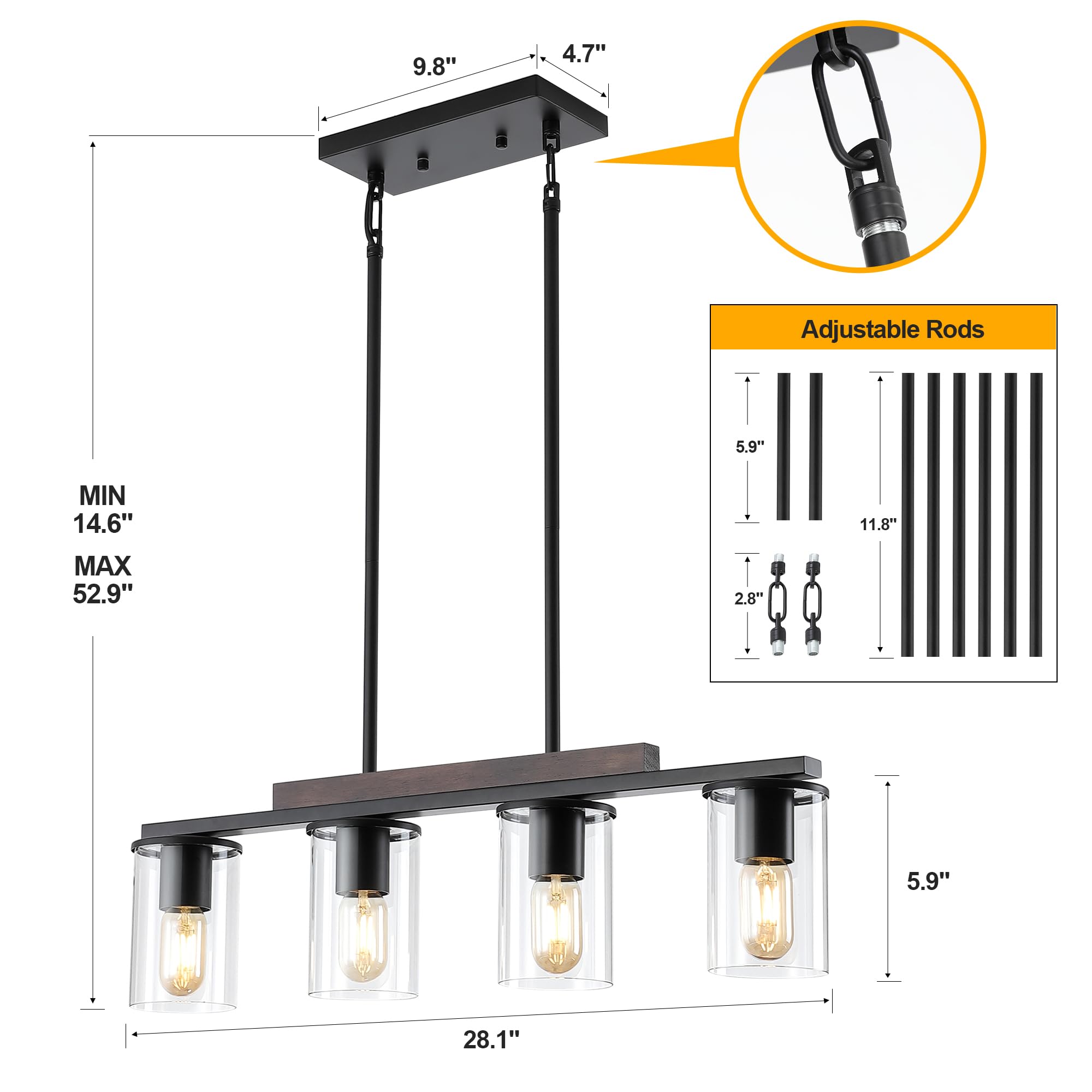 Mecgirn 4 Light Linear Chandelier - Black Metal Pendant Light Fixtures for Dining Room and Kitchen Island, Model D0016-4