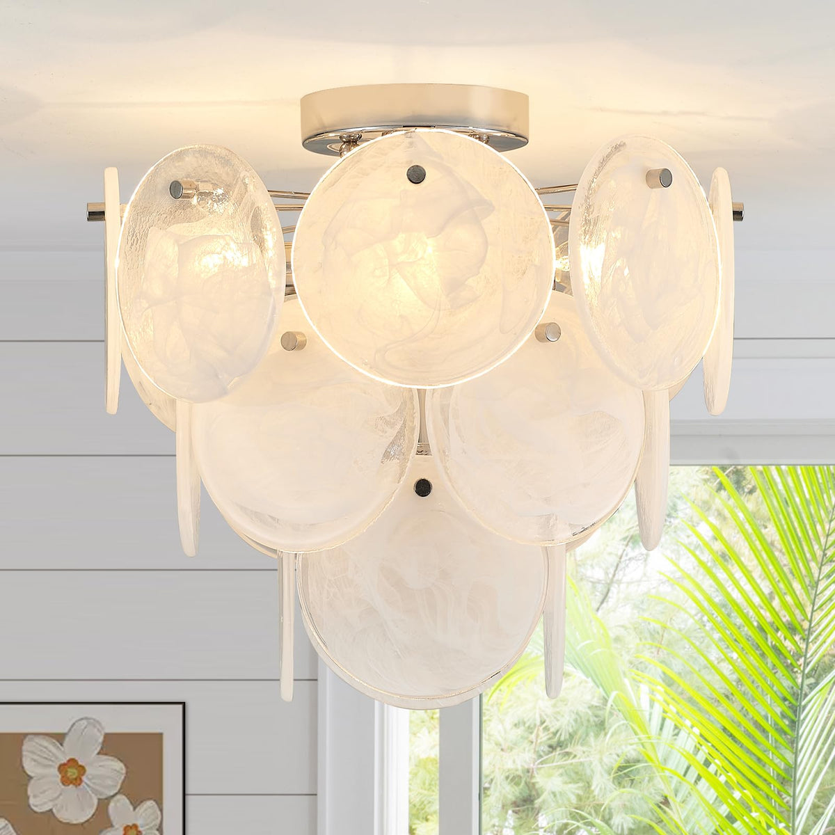 Vanzarla Modern Flush Mount Glass Ceiling Light Chrome Finish, Hallway Lights Vintage Chandelier, 4-Light Unique Light Fixture F