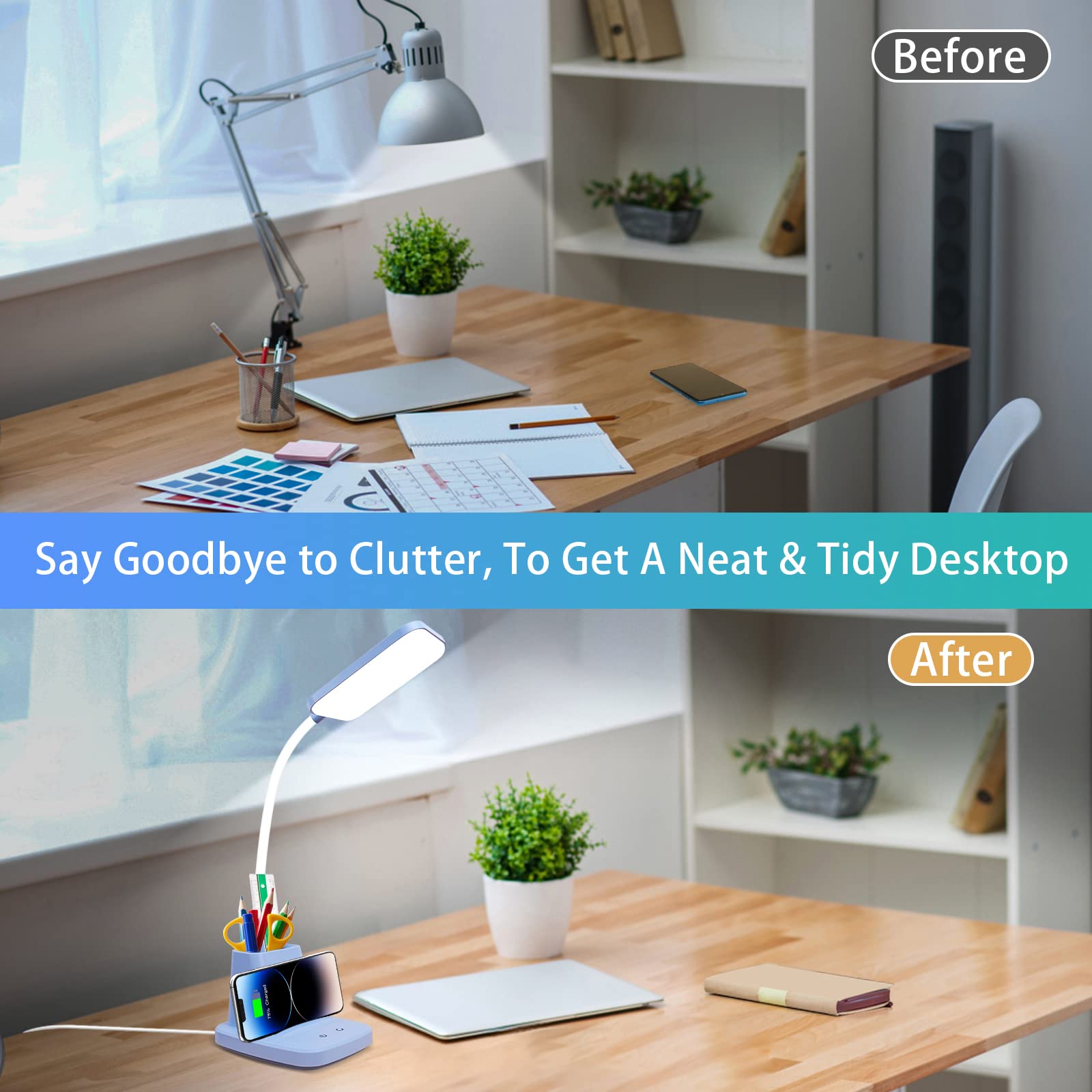 Sailstar Small Desk Lamp, Kids Desk Lamp With Pen Holder, Wireless Charger Led Desk Lamps For Home Office, 800Lm Gooseneck 3 Mod