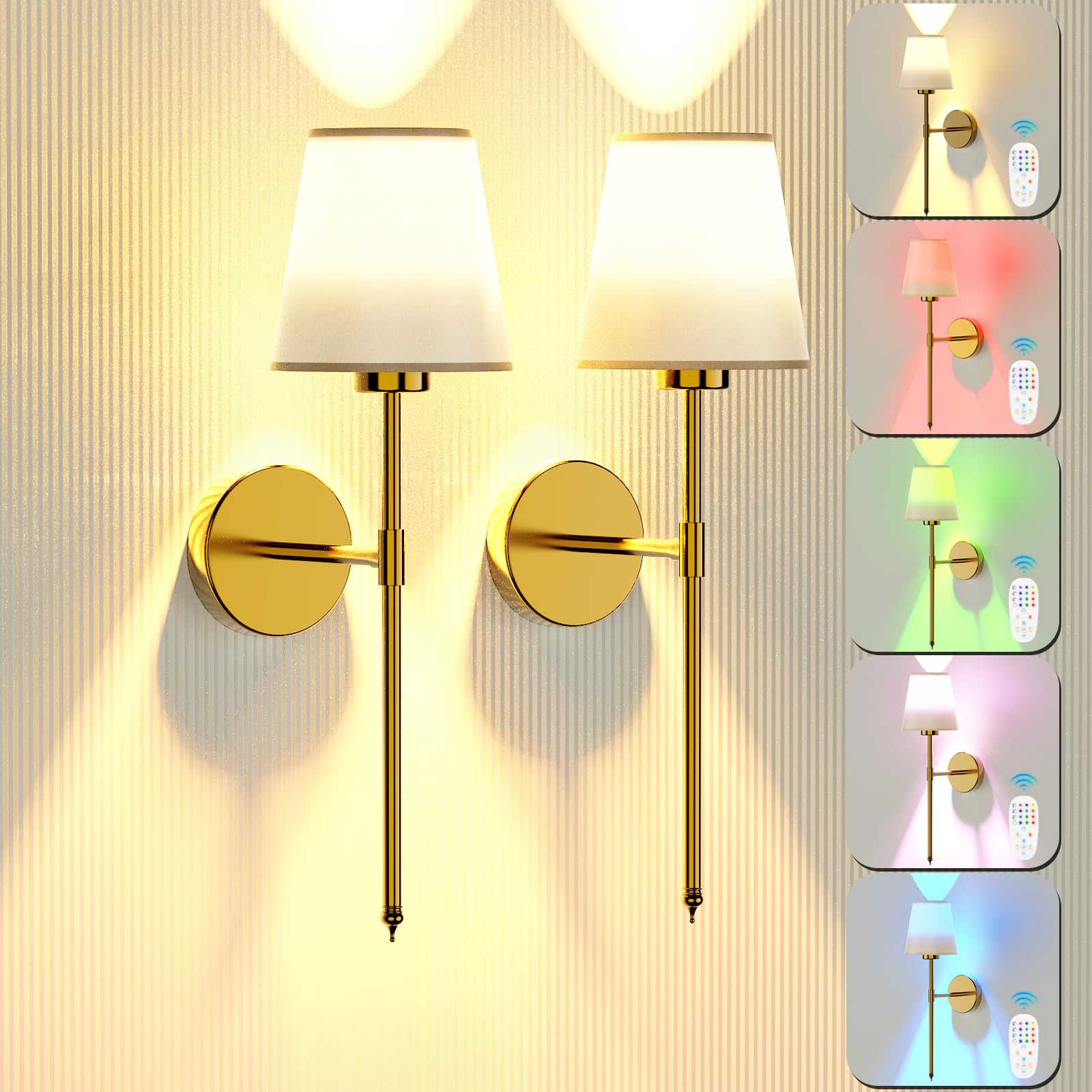 Battery Operated Wall Sconce Set Of 2, Gold Rechargeable Wireless Wall Sconces With Remote, Dimmable 12 Colors Modes Led Wall Li