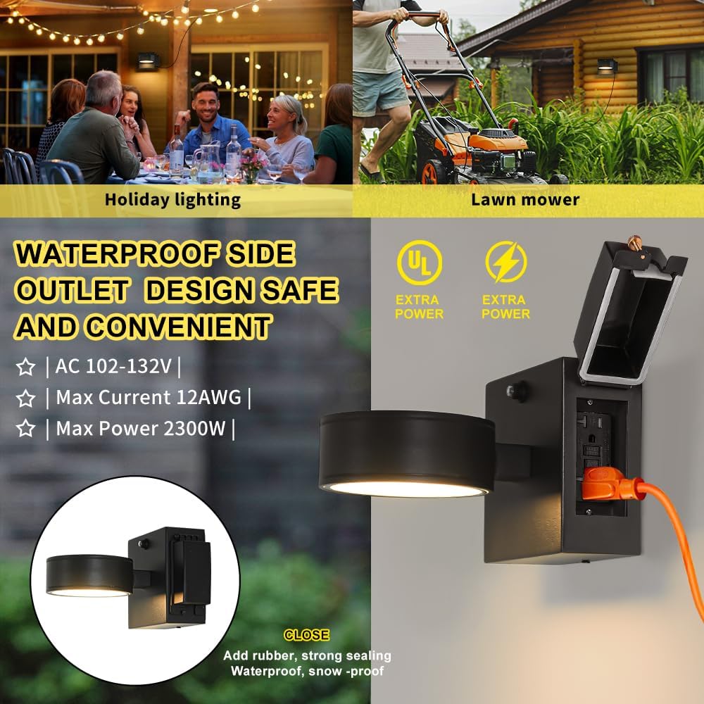 Double Century Outdoor Porch Lights With Gfci Outlet, Dusk To Dawn, Waterproof Aluminum