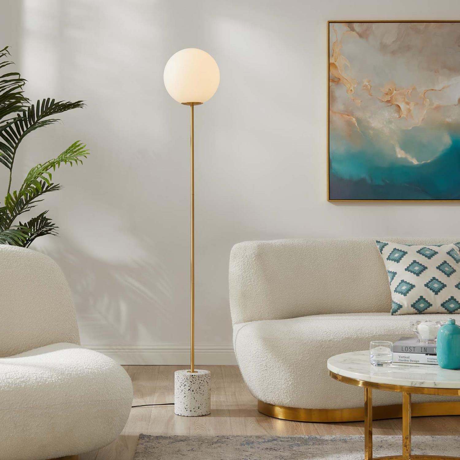 Modway Logic 1-Light Floor Lamp, Glass/Terrazzo, White/Brass, Model EEI-5626-WHI