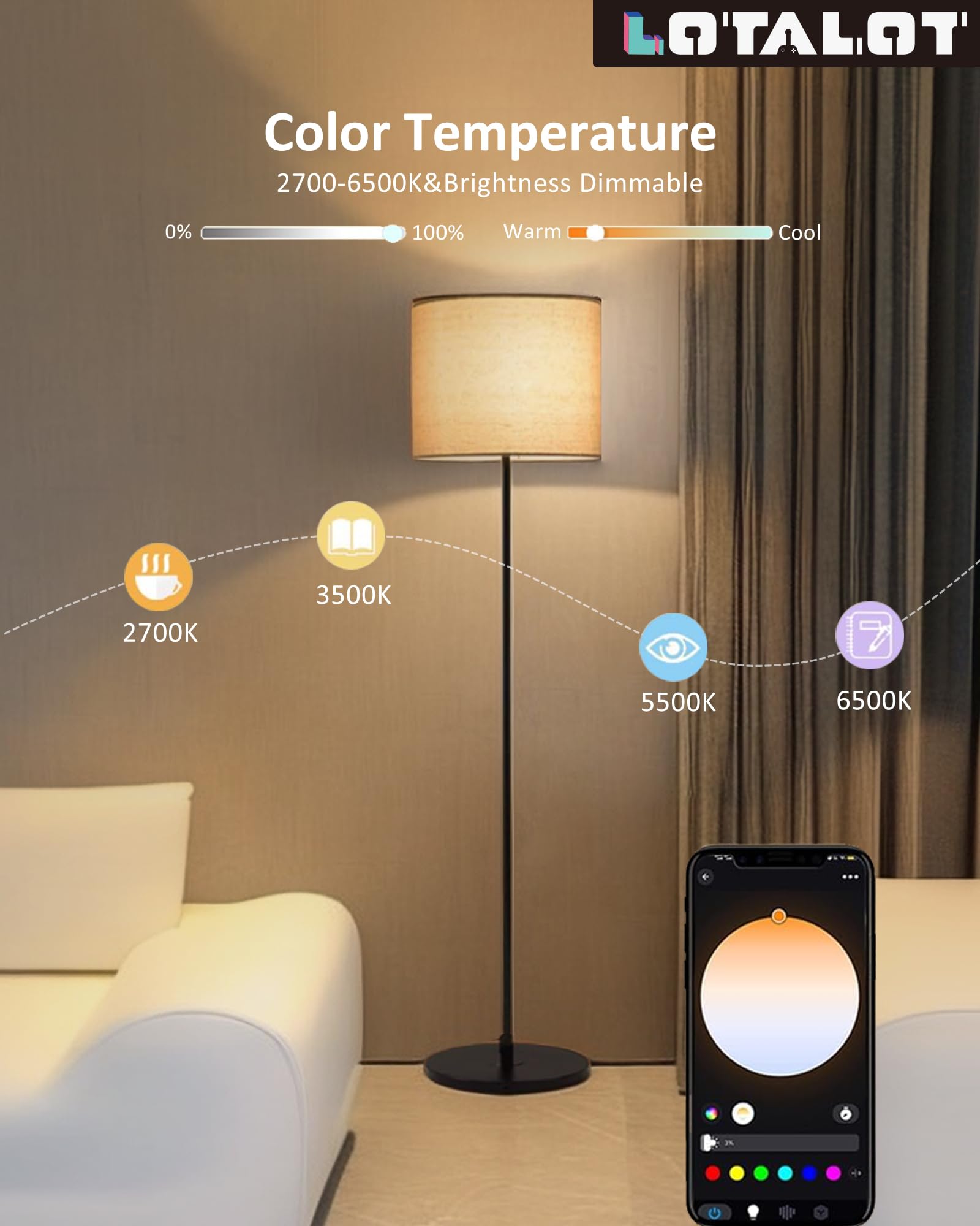 Led Floor Lamp For Living Room: Modern Standing Tall Floor Lamp For Bedroom - Smart App Control - Rgb Light 16 Million Colors Wi