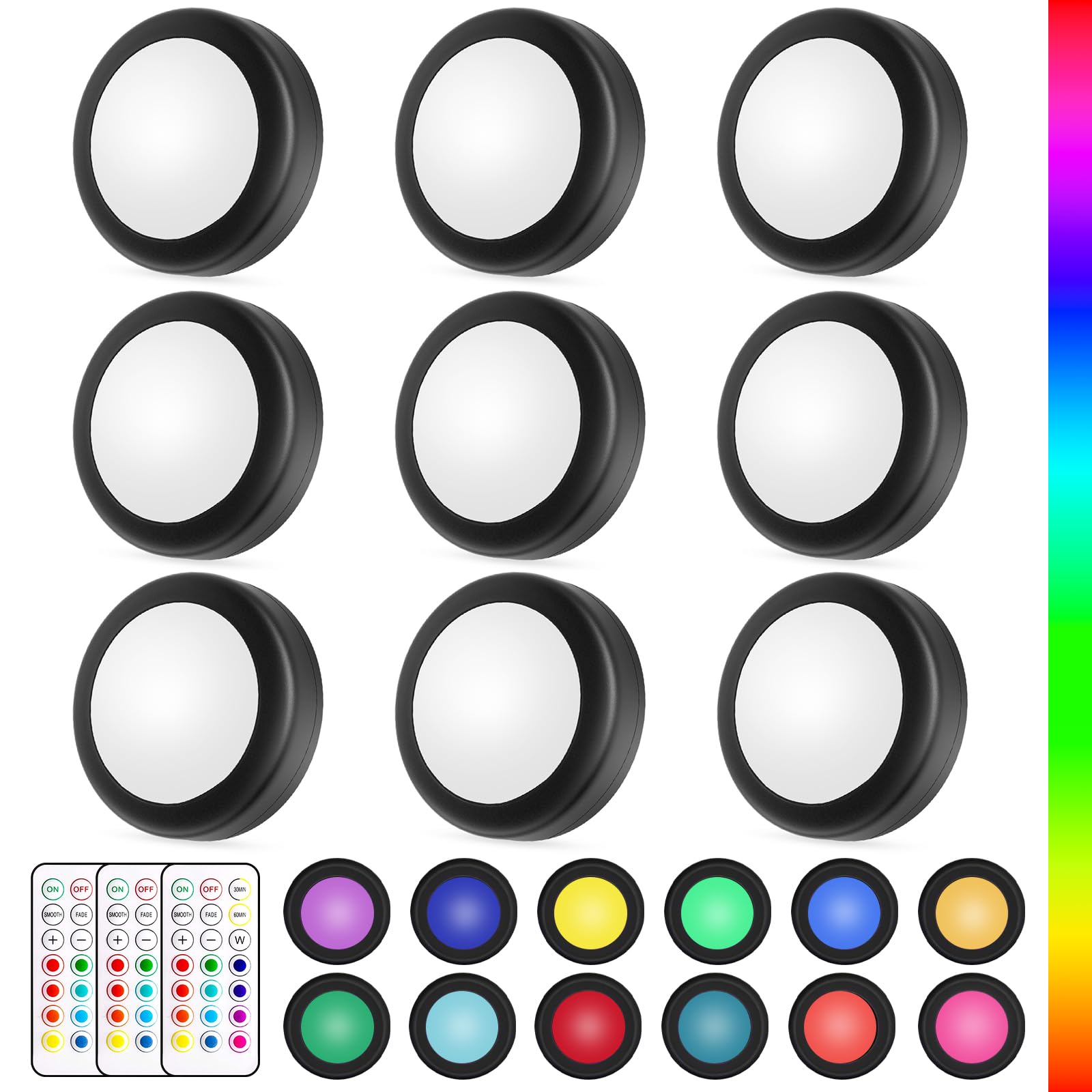 Yiliaw LED Puck Lights with Remote Control, AA Battery Operated, 12 Colors, Under Cabinet & Counter Lights - 9 Pack, Black