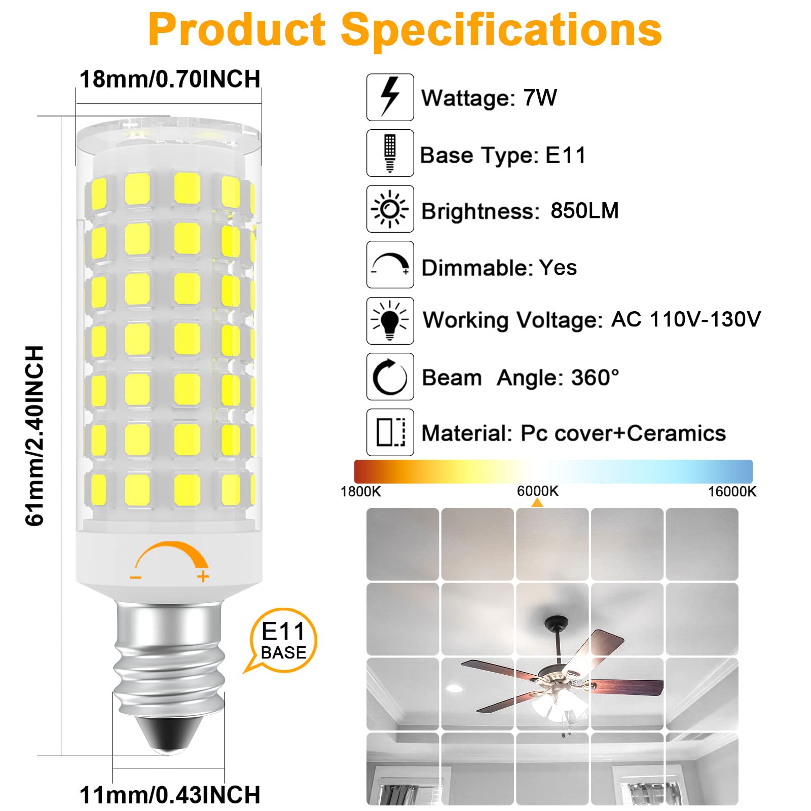 Dumiloo E11 Led Bulb Dimmable, 75 Watt Halogen Equivalent, 7W Daylight White 6000K, T4 Mini Candelabra Base, Jde11 120V 75W For