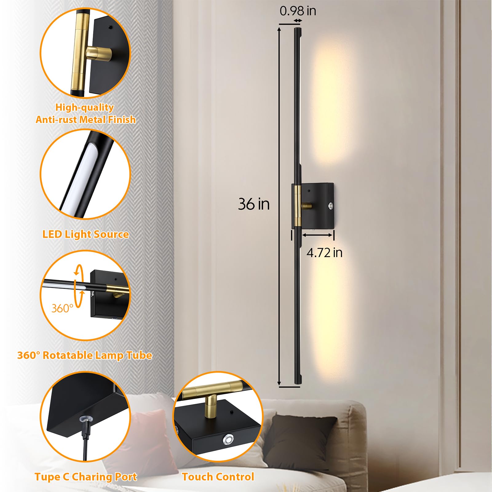 gernehop Battery Operated Wall Sconces Set of 2, Dimmable LED, Black Gold, 36 Inch, Model W6022-GDBK-2PK